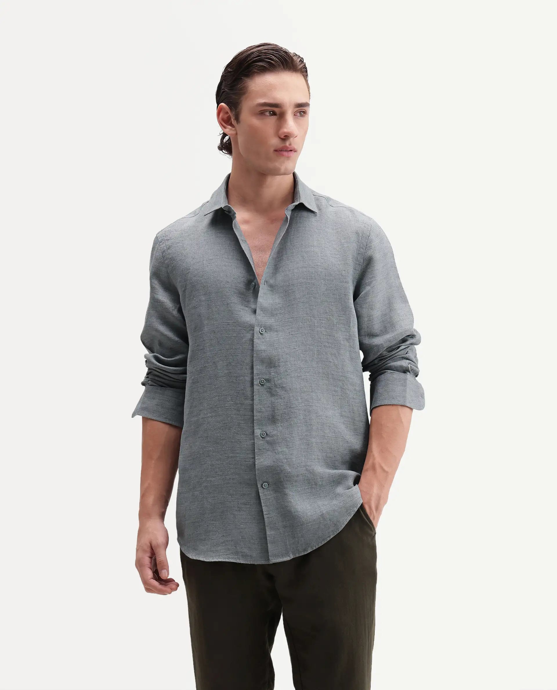 Rare Rabbit Men's Borium Ls-Aw26 Dusky Teal 100% Linen Button Regular Fit Shirt