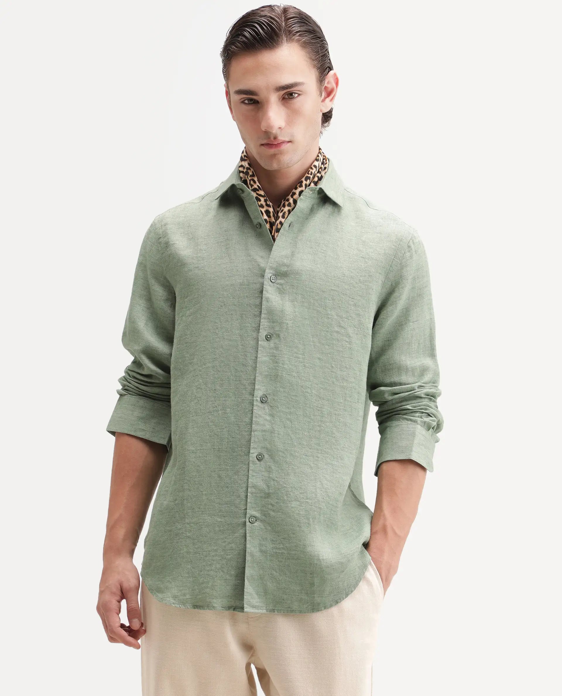 Rare Rabbit Men's Borium Ls-Aw26 Pastel Green 100% Linen Button Regular Fit Shirt