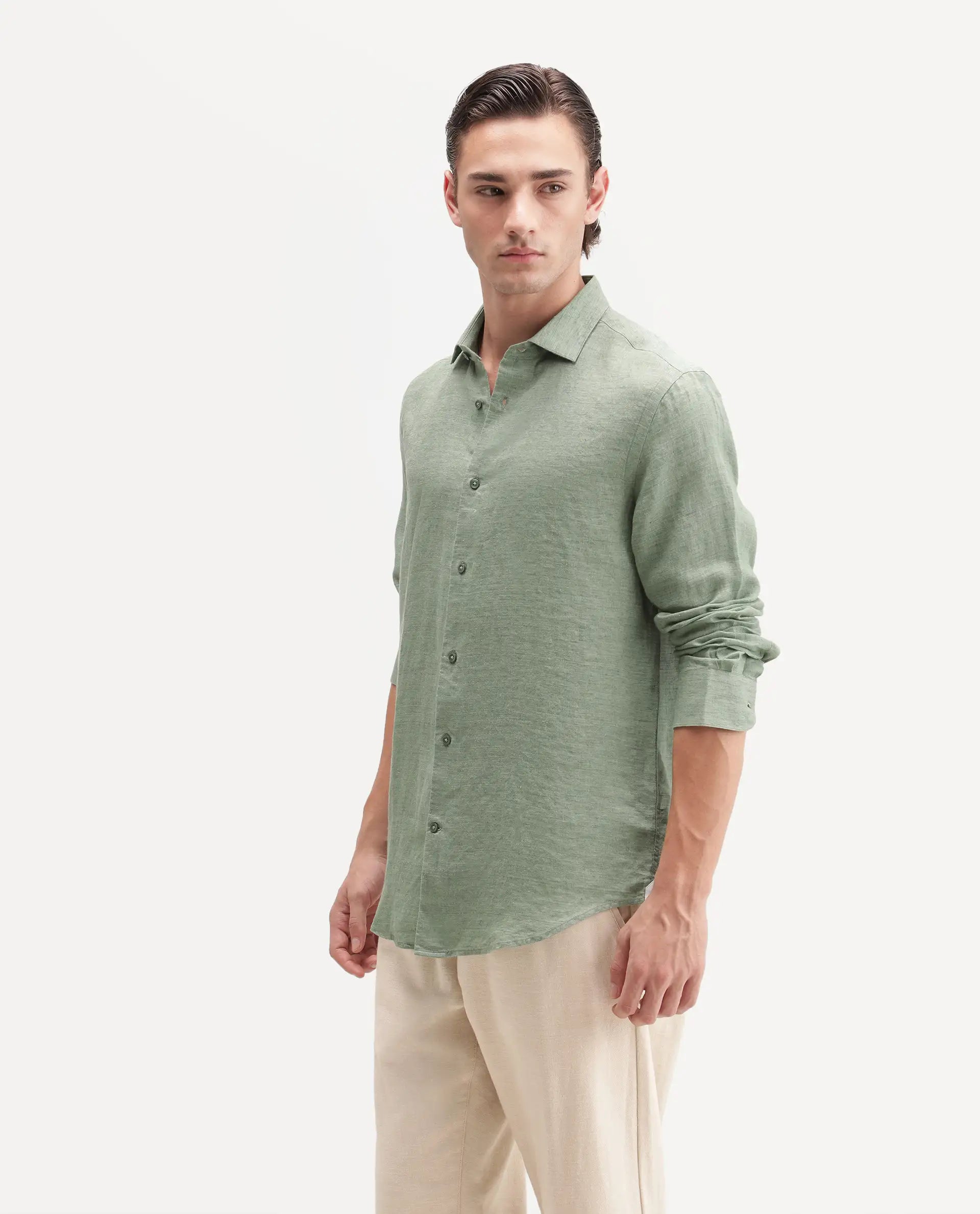Rare Rabbit Men's Borium Ls-Aw26 Pastel Green 100% Linen Button Regular Fit Shirt
