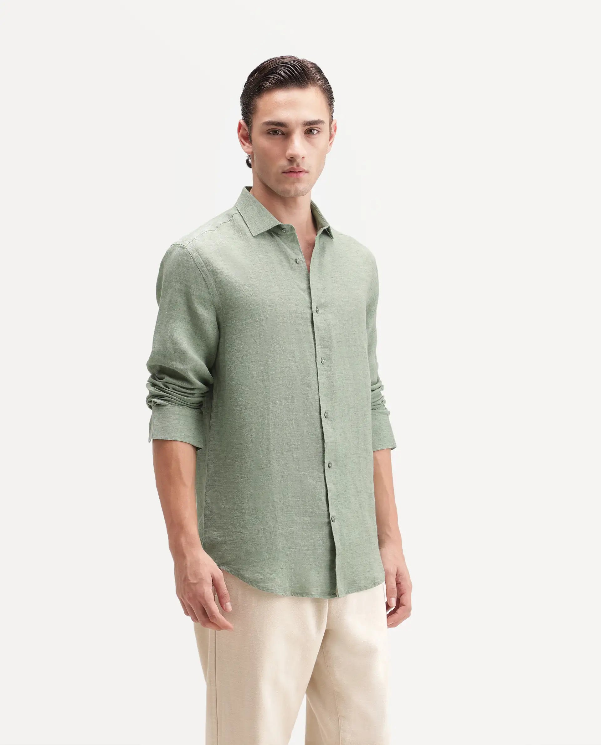 Rare Rabbit Men's Borium Ls-Aw26 Pastel Green 100% Linen Button Regular Fit Shirt