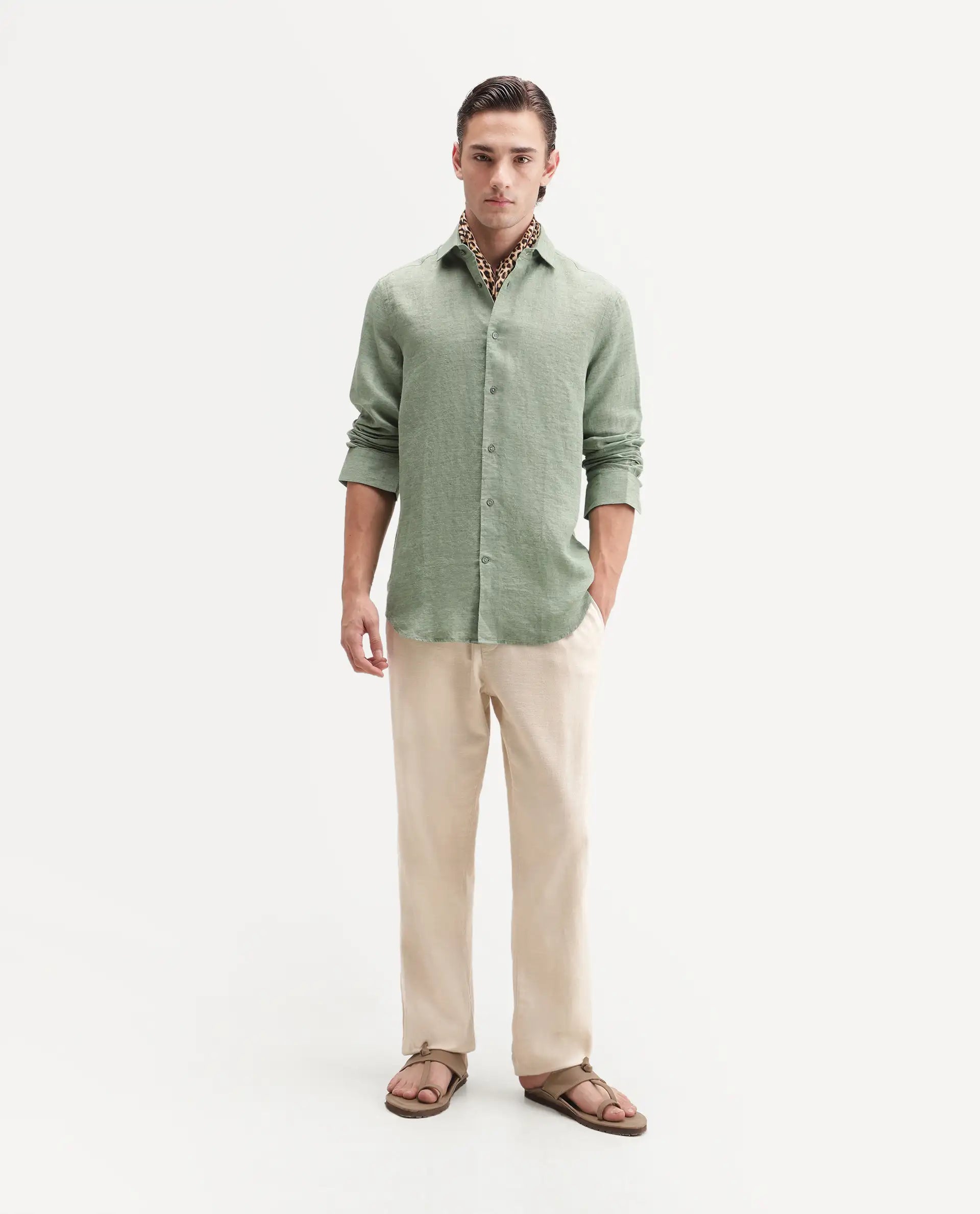 Rare Rabbit Men's Borium Ls-Aw26 Pastel Green 100% Linen Button Regular Fit Shirt