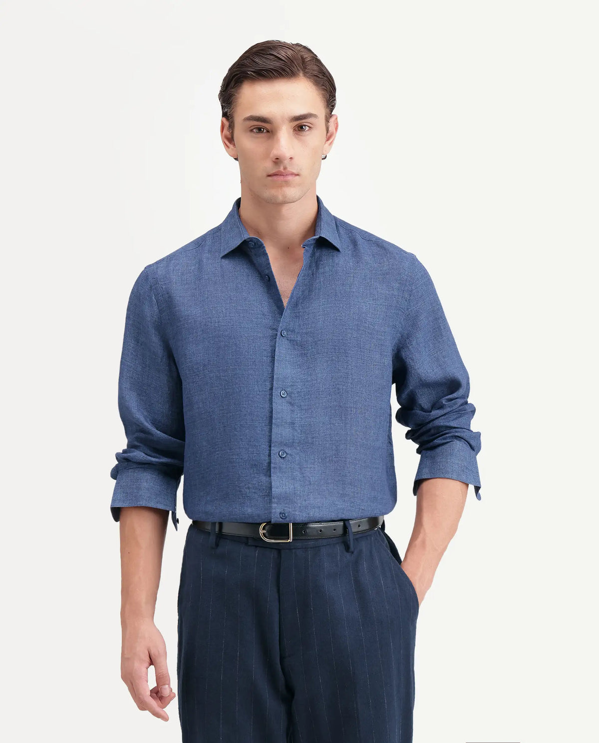 Rare Rabbit Men's Borium Ls-Aw26 Blue 100% Linen Button Regular Fit Shirt