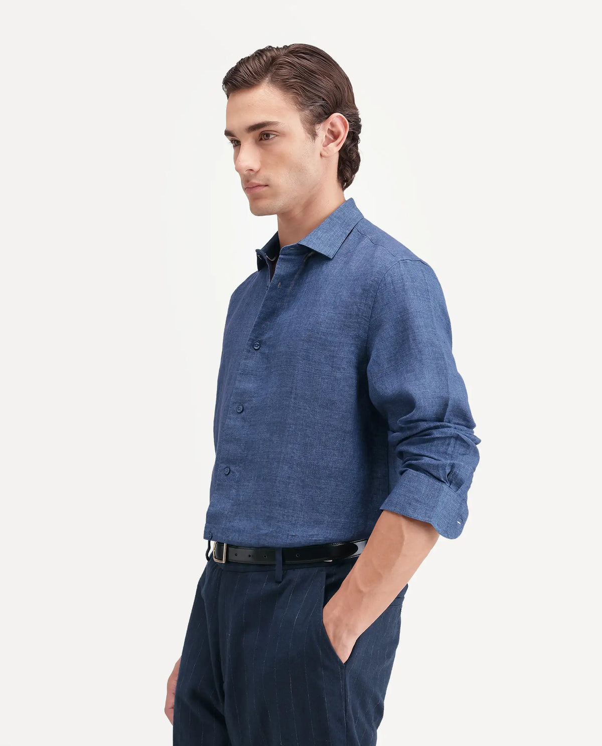 Rare Rabbit Men's Borium Ls-Aw26 Blue 100% Linen Button Regular Fit Shirt