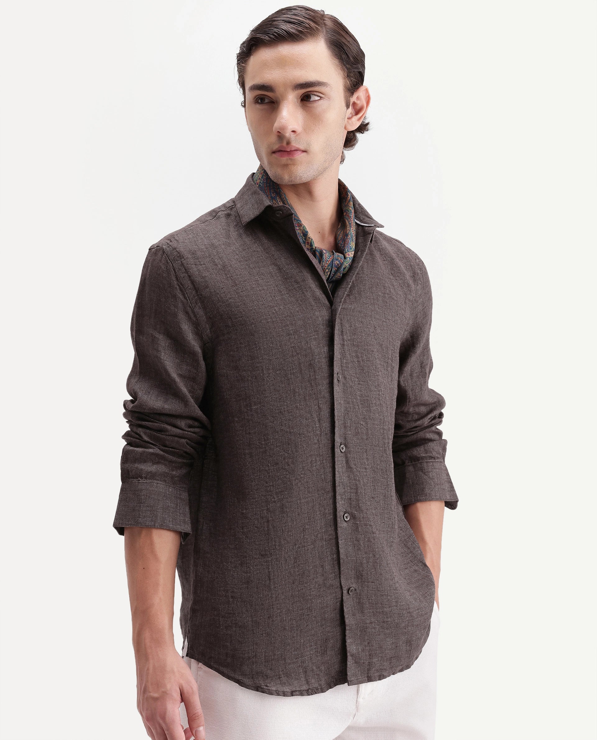 Rare Rabbit Men's Borium Ls-Aw26 Dark Brown 100% Linen Button Regular Fit Shirt