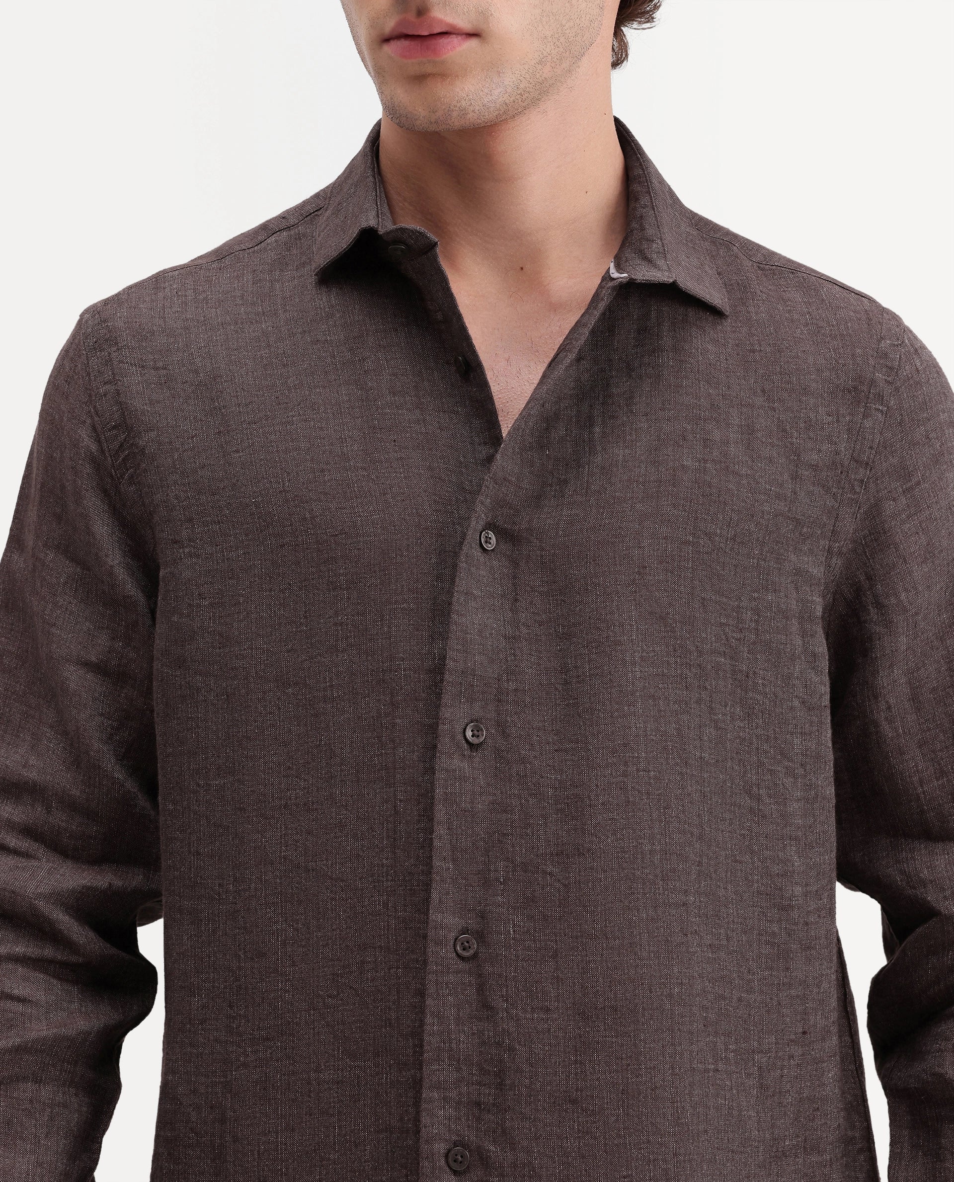Rare Rabbit Men's Borium Ls-Aw26 Dark Brown 100% Linen Button Regular Fit Shirt