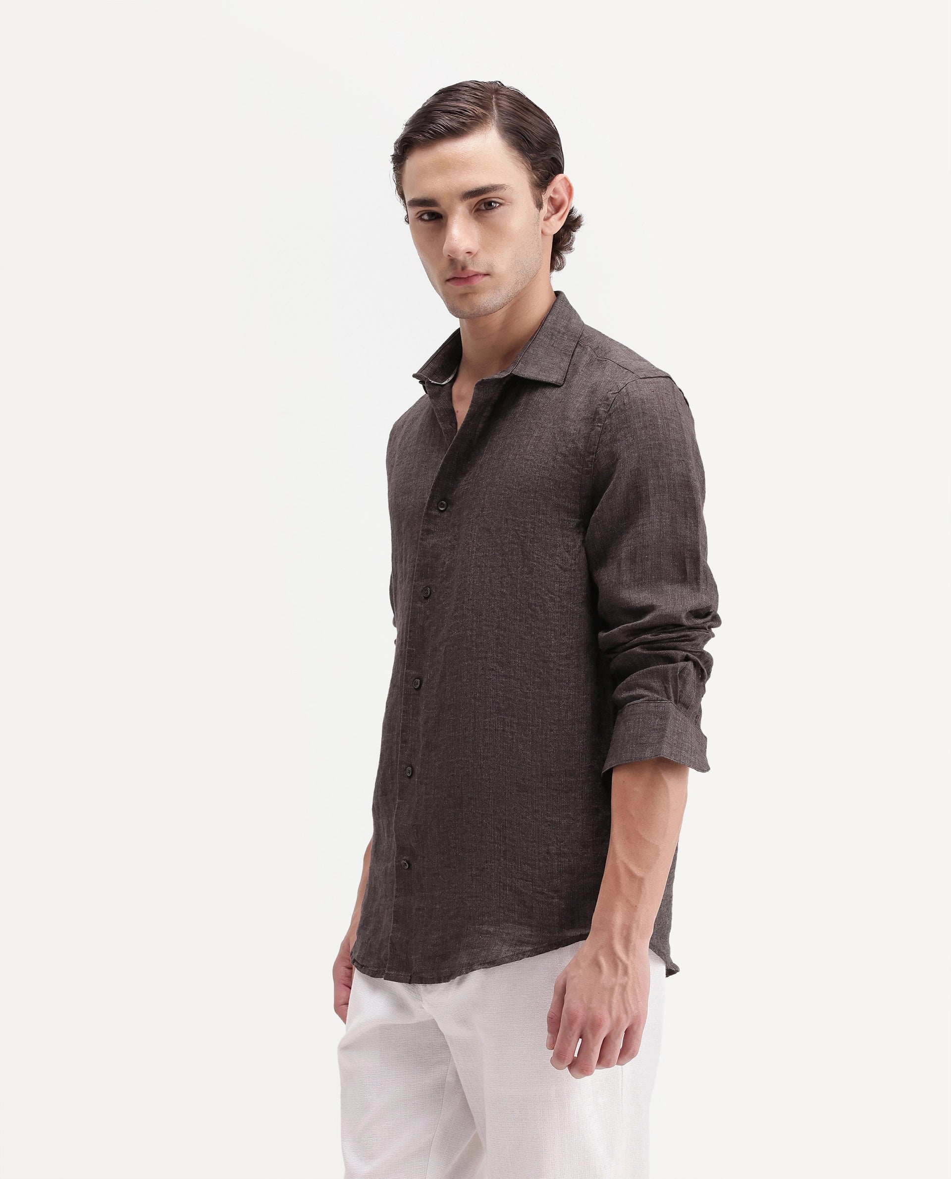 Rare Rabbit Men's Borium Ls-Aw26 Dark Brown 100% Linen Button Regular Fit Shirt