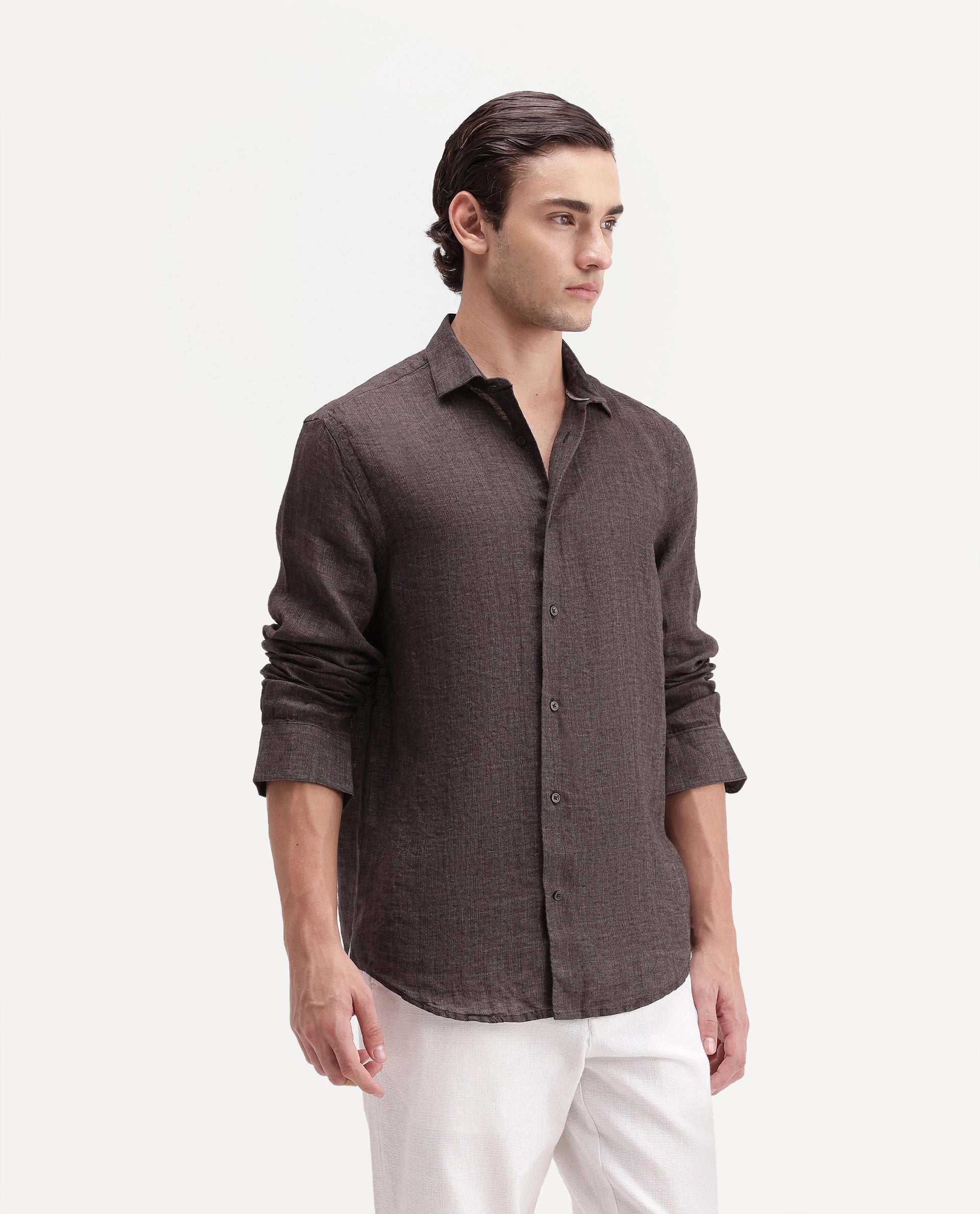 Rare Rabbit Men's Borium Ls-Aw26 Dark Brown 100% Linen Button Regular Fit Shirt