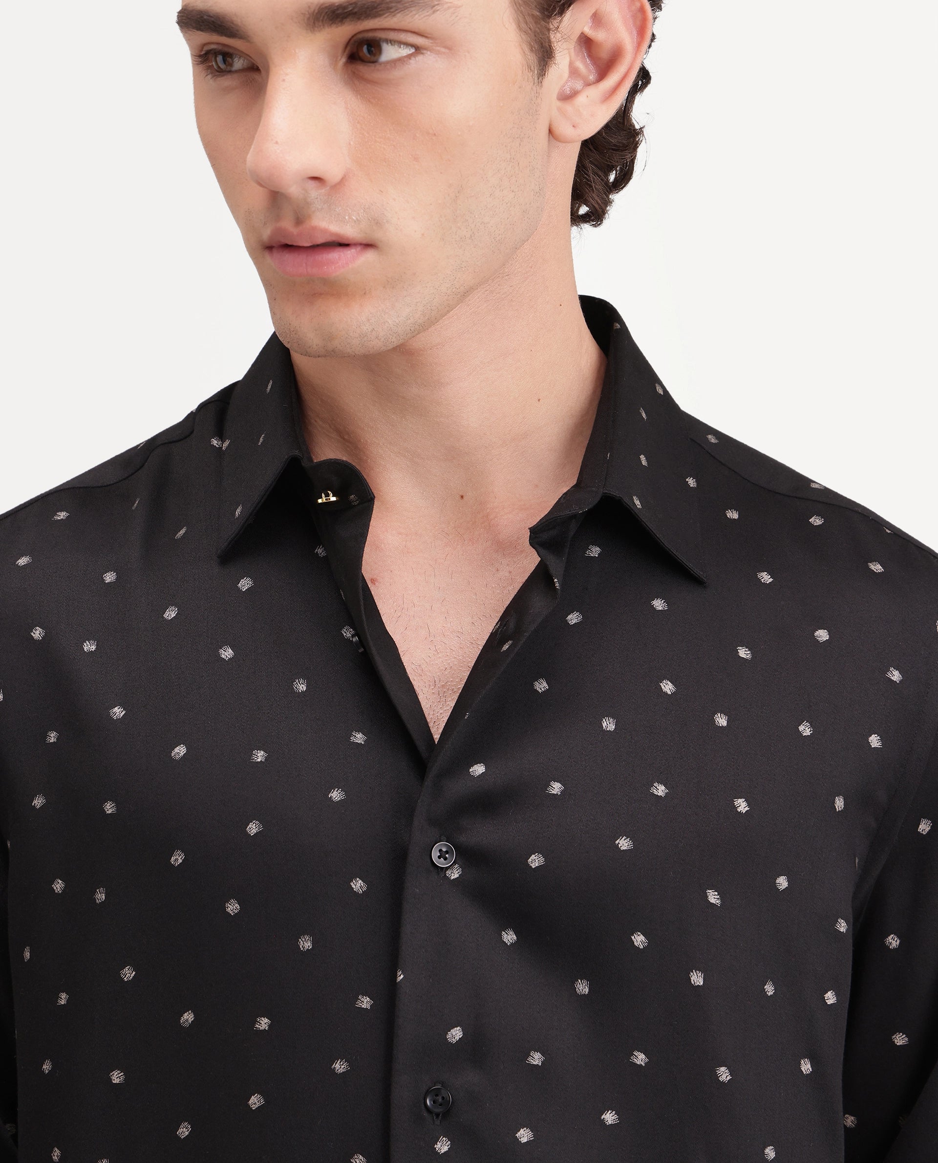 Rare Rabbit Men's Silver Black Viscose Button Regular Fit Polka Print Shirt