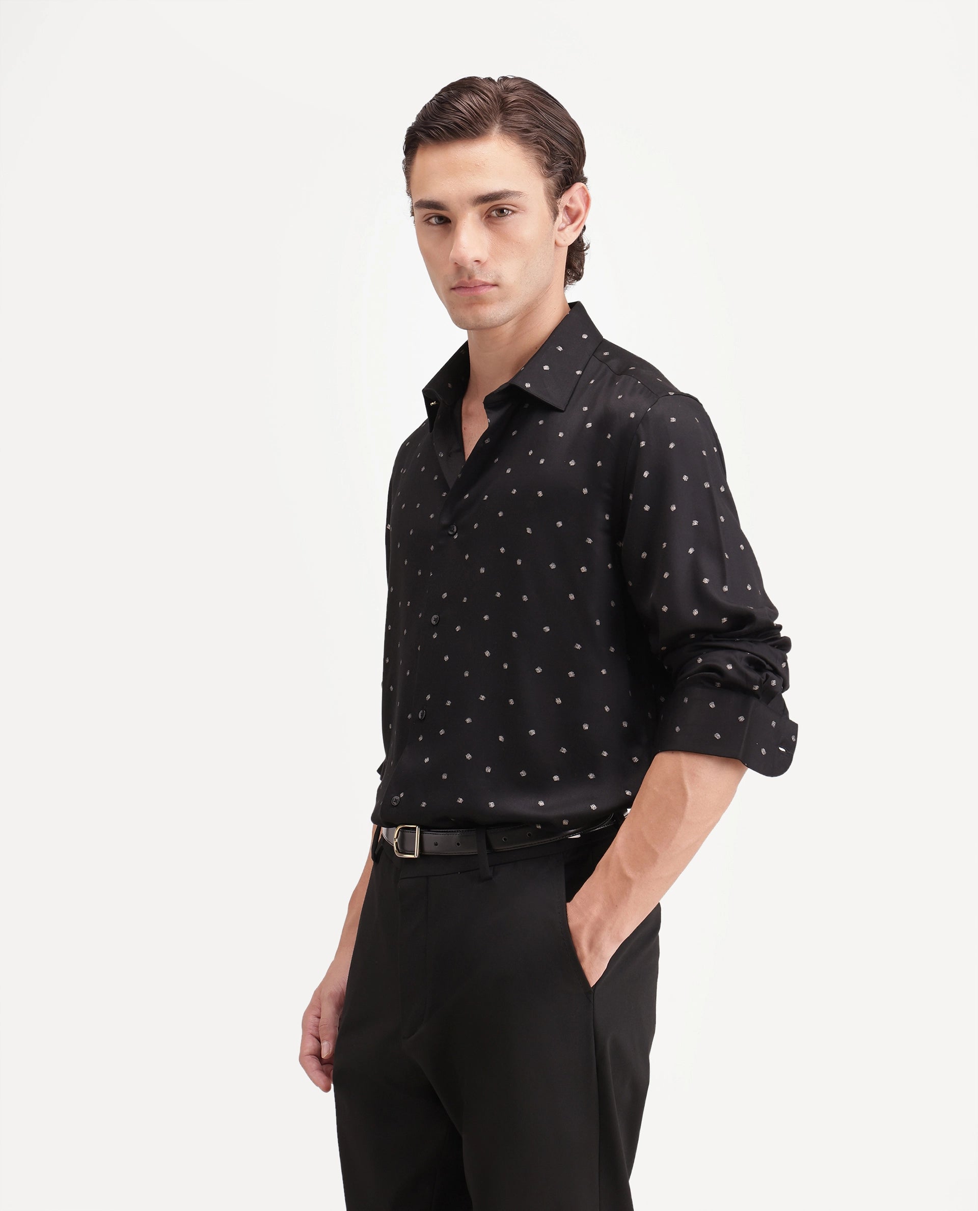 Rare Rabbit Men's Silver Black Viscose Button Regular Fit Polka Print Shirt