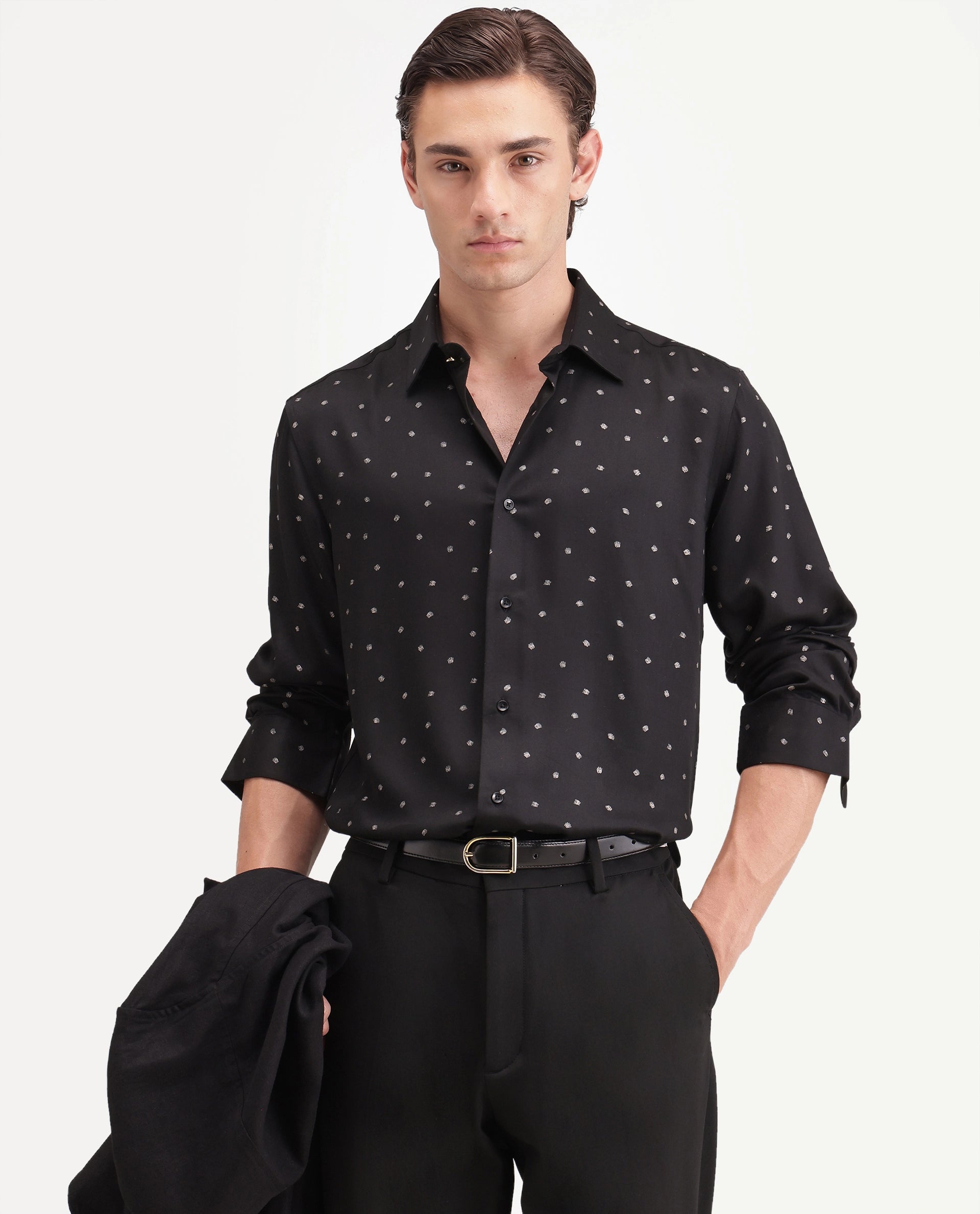 Rare Rabbit Men's Silver Black Viscose Button Regular Fit Polka Print Shirt