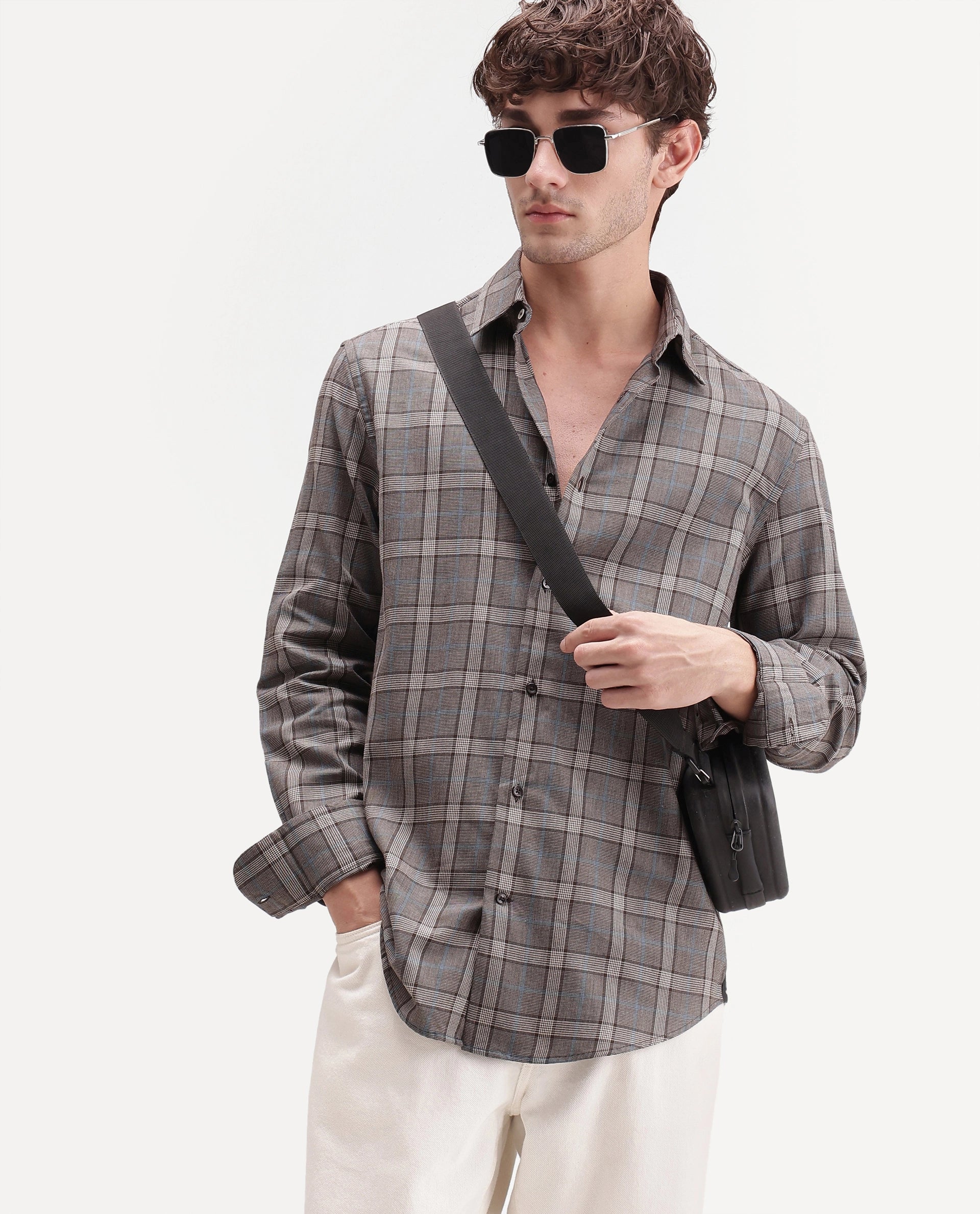 Rare Rabbit Men's Sect Brown Cotton Button Regular Fit Check Shirt