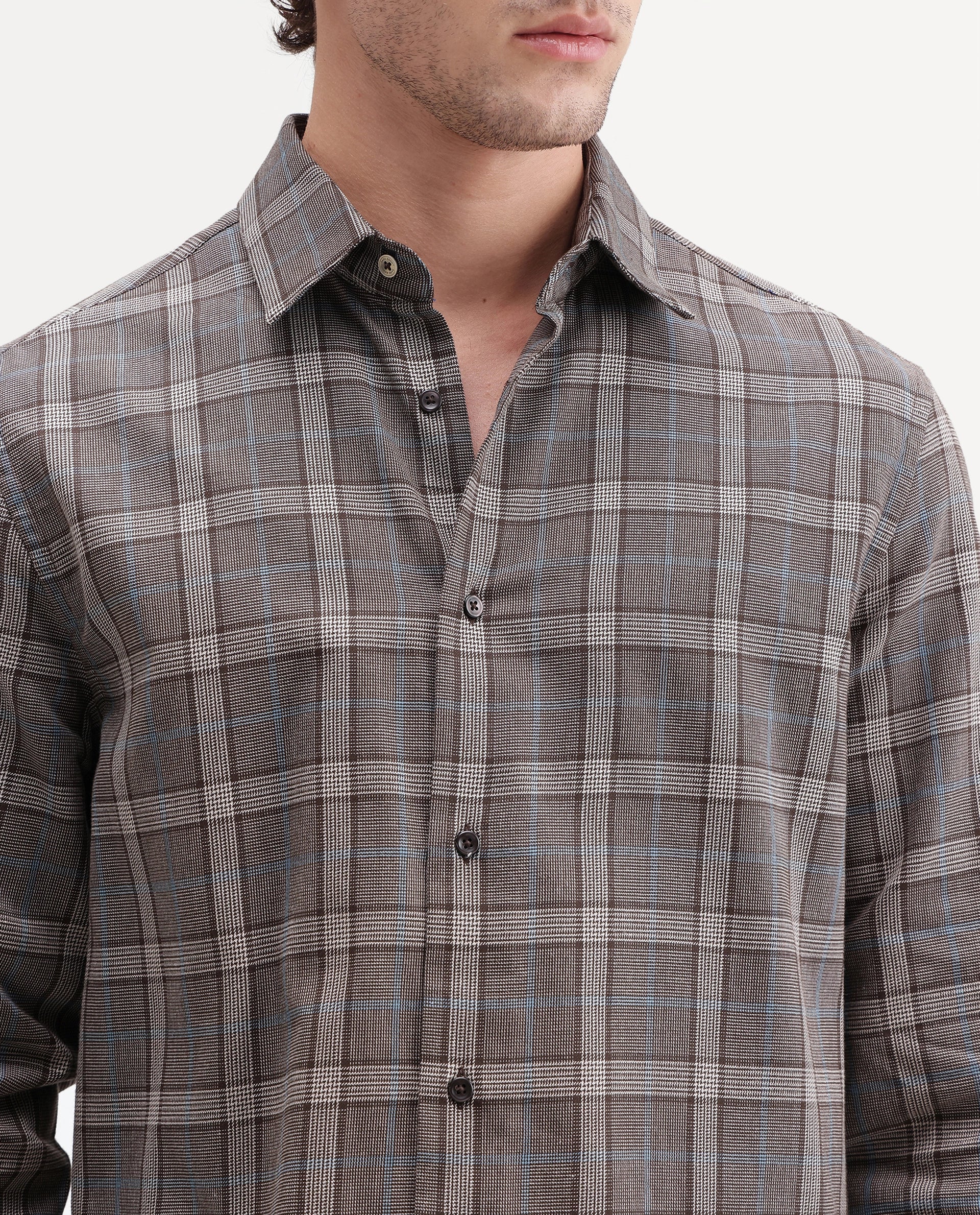 Rare Rabbit Men's Sect Brown Cotton Button Regular Fit Check Shirt