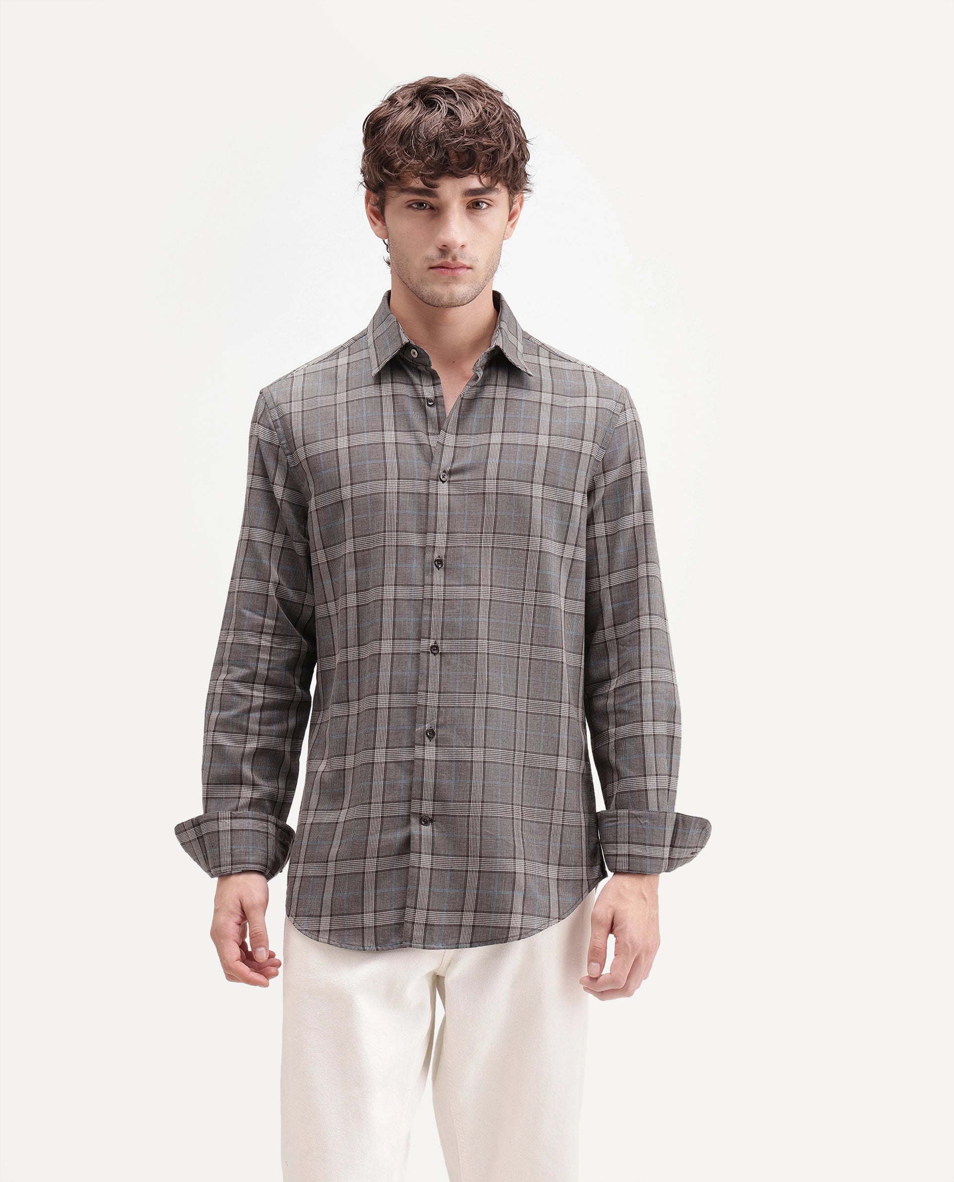 Rare Rabbit Men's Sect Brown Cotton Button Regular Fit Check Shirt