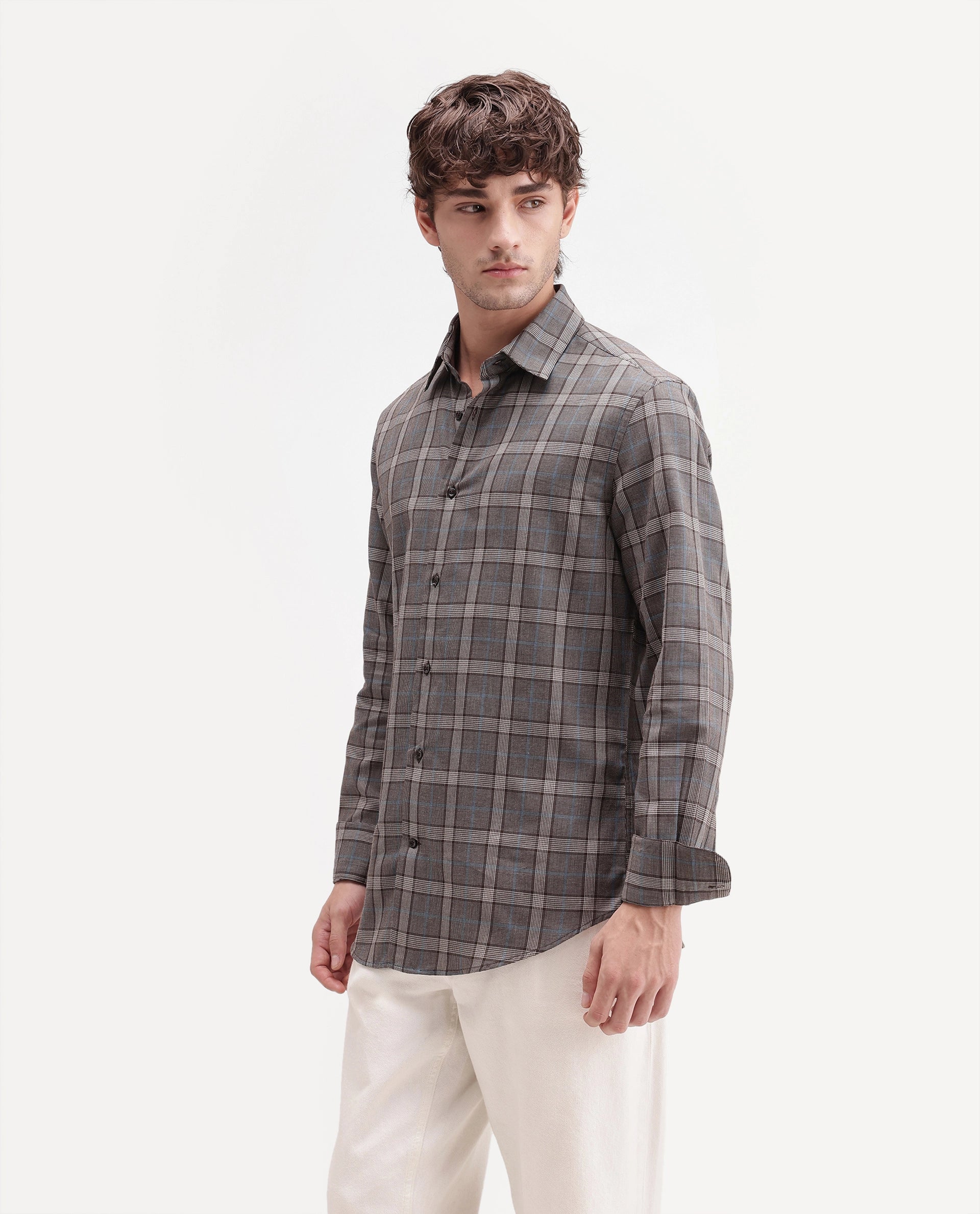 Rare Rabbit Men's Sect Brown Cotton Button Regular Fit Check Shirt