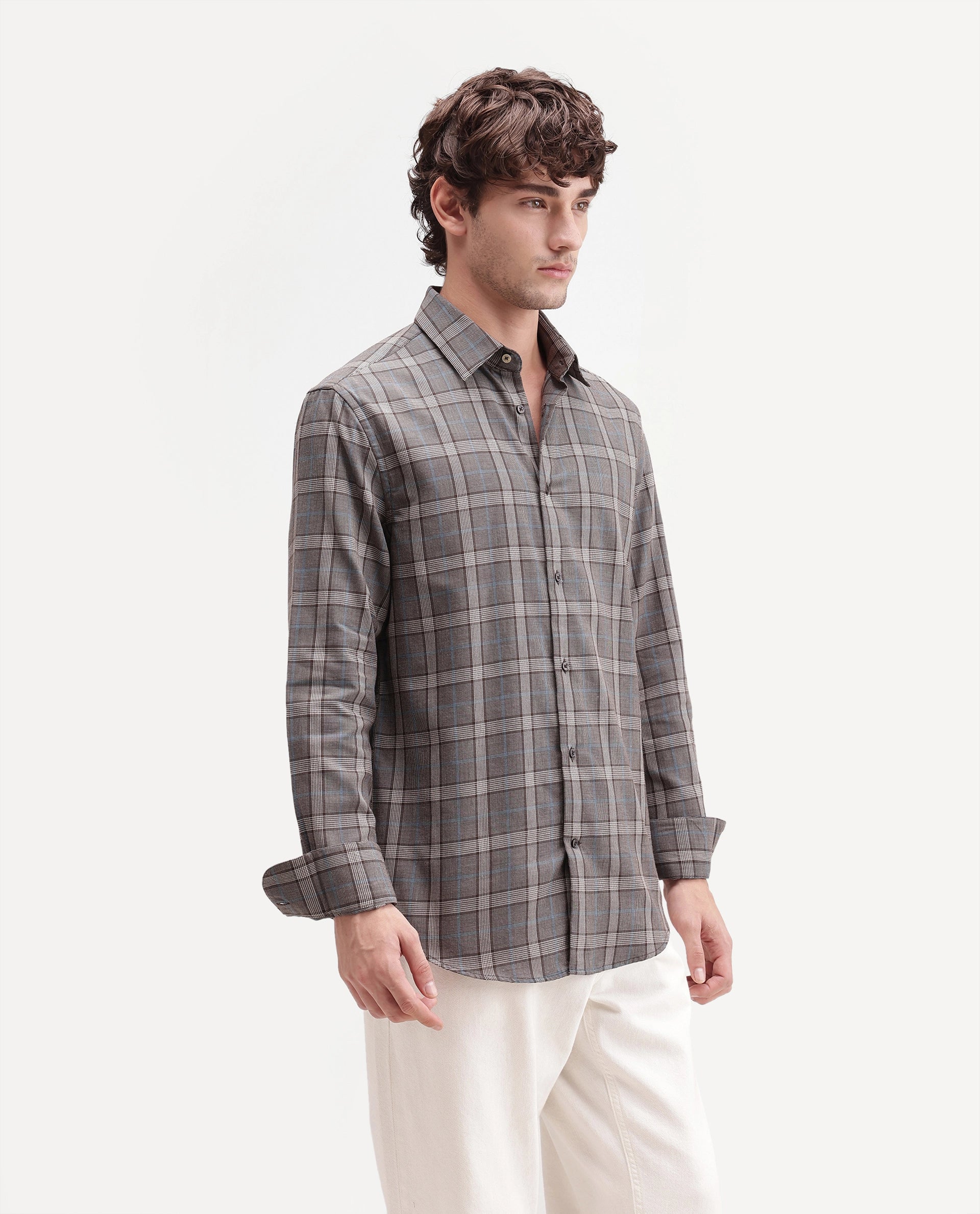 Rare Rabbit Men's Sect Brown Cotton Button Regular Fit Check Shirt