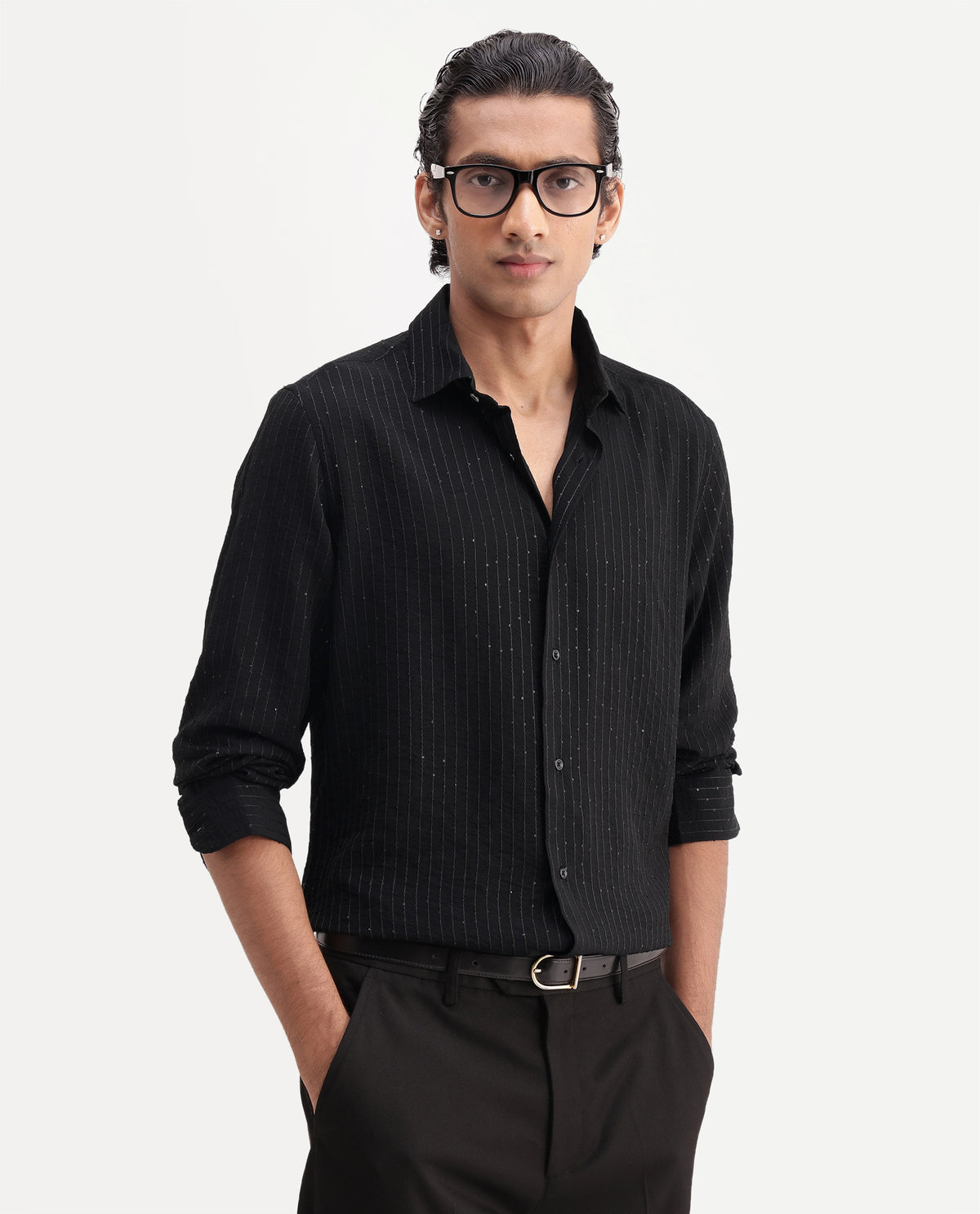 Rare Rabbit Men's Cole-26 Black Viscose Blend Button Regular Fit Striped Shirt