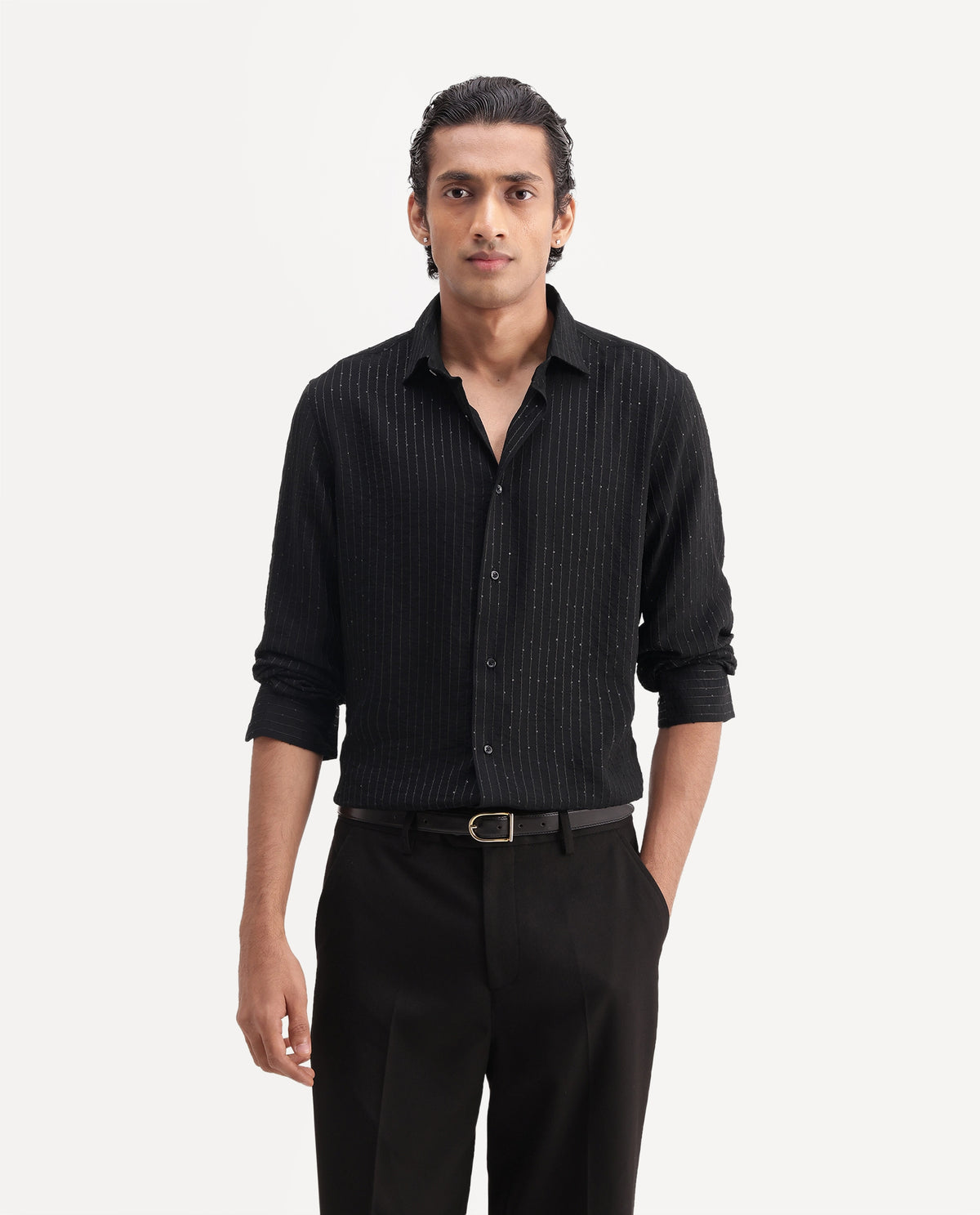 Rare Rabbit Men's Cole-26 Black Viscose Blend Button Regular Fit Striped Shirt