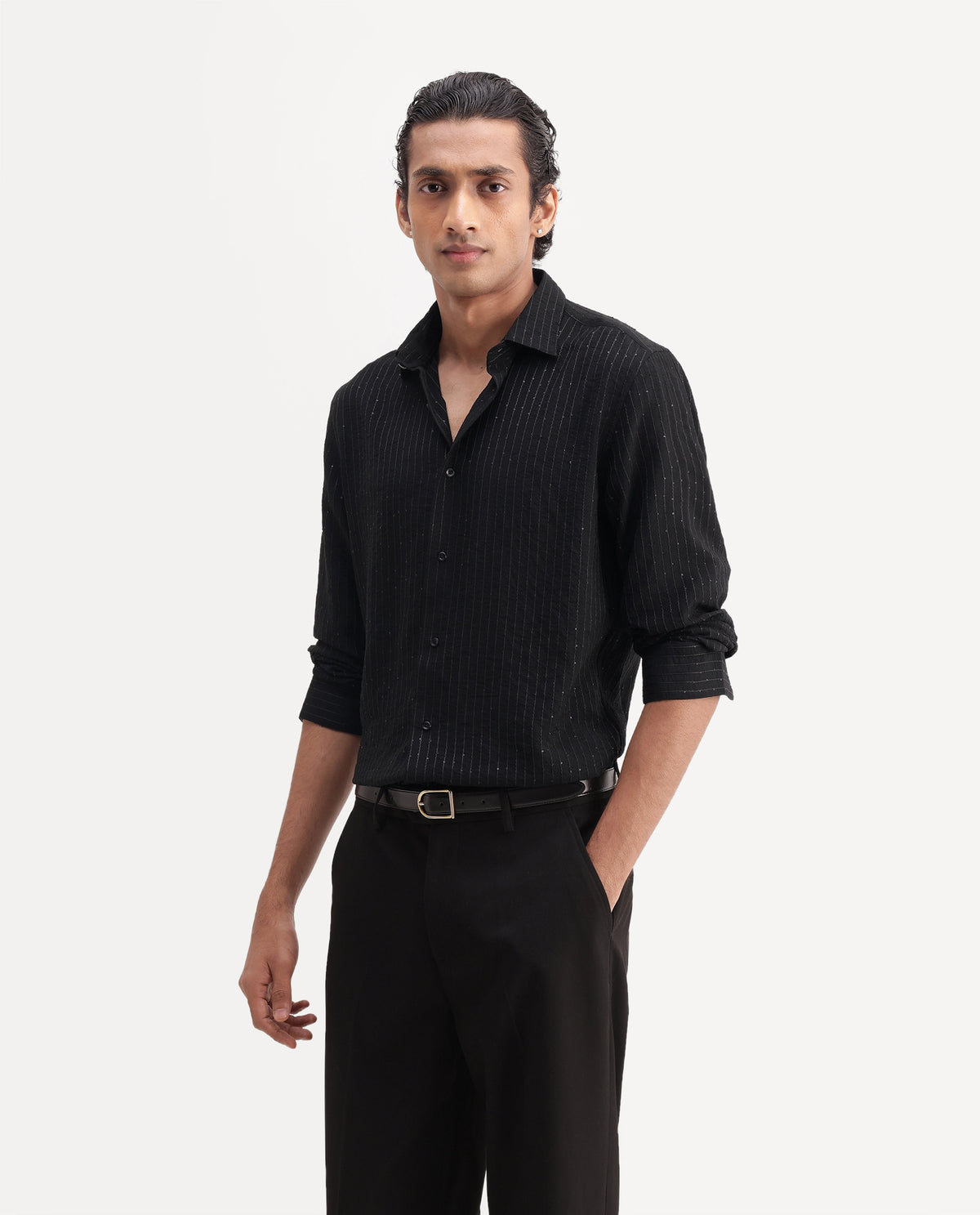 Rare Rabbit Men's Cole-26 Black Viscose Blend Button Regular Fit Striped Shirt