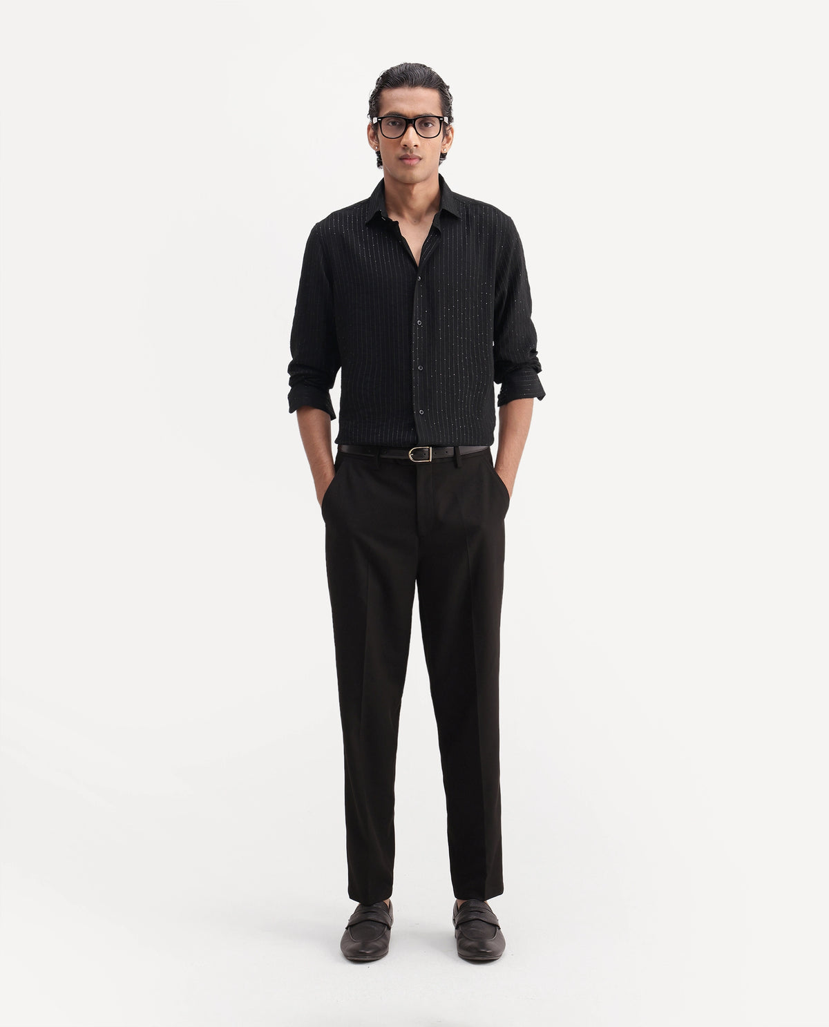 Rare Rabbit Men's Cole-26 Black Viscose Blend Button Regular Fit Striped Shirt