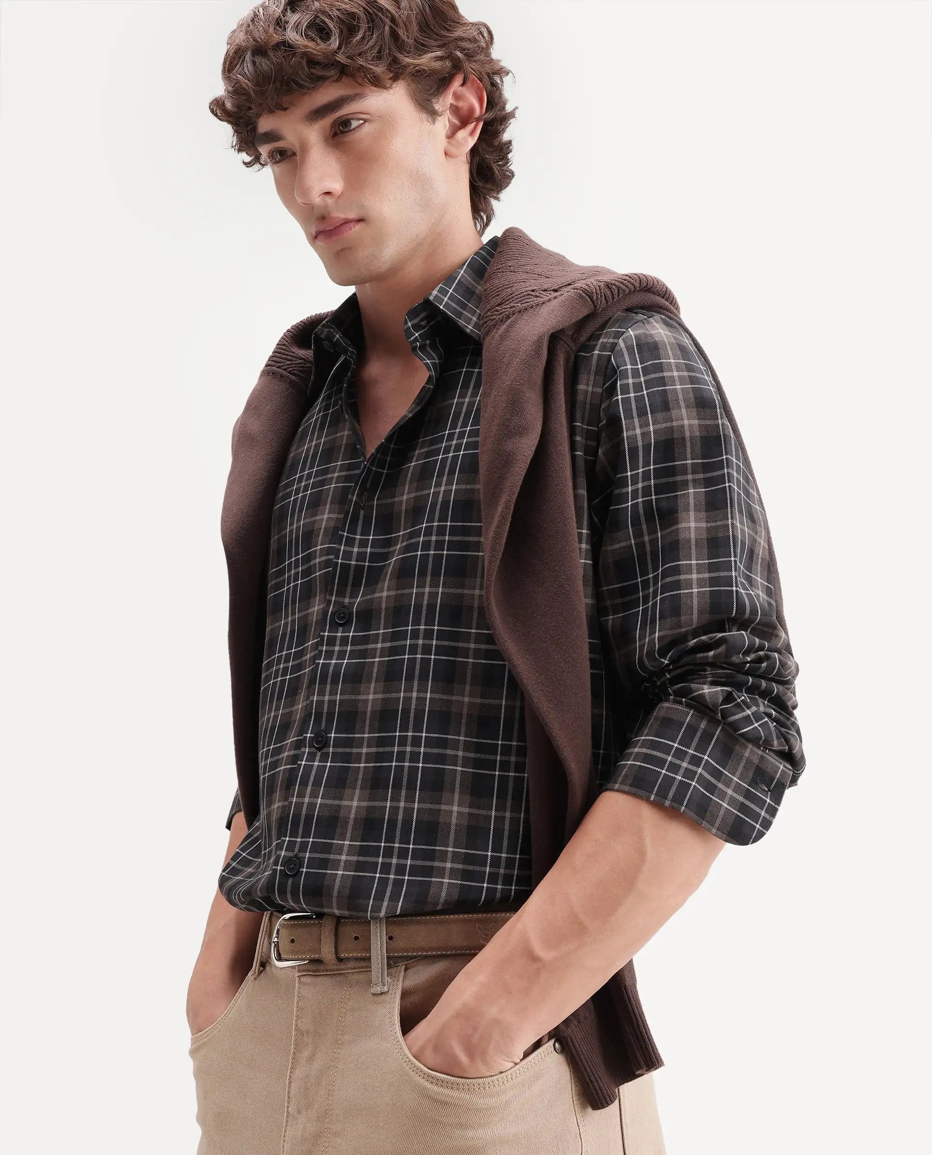 Rare Rabbit Men's Darob Black Cotton Blend Button Regular Fit Checked Shirt