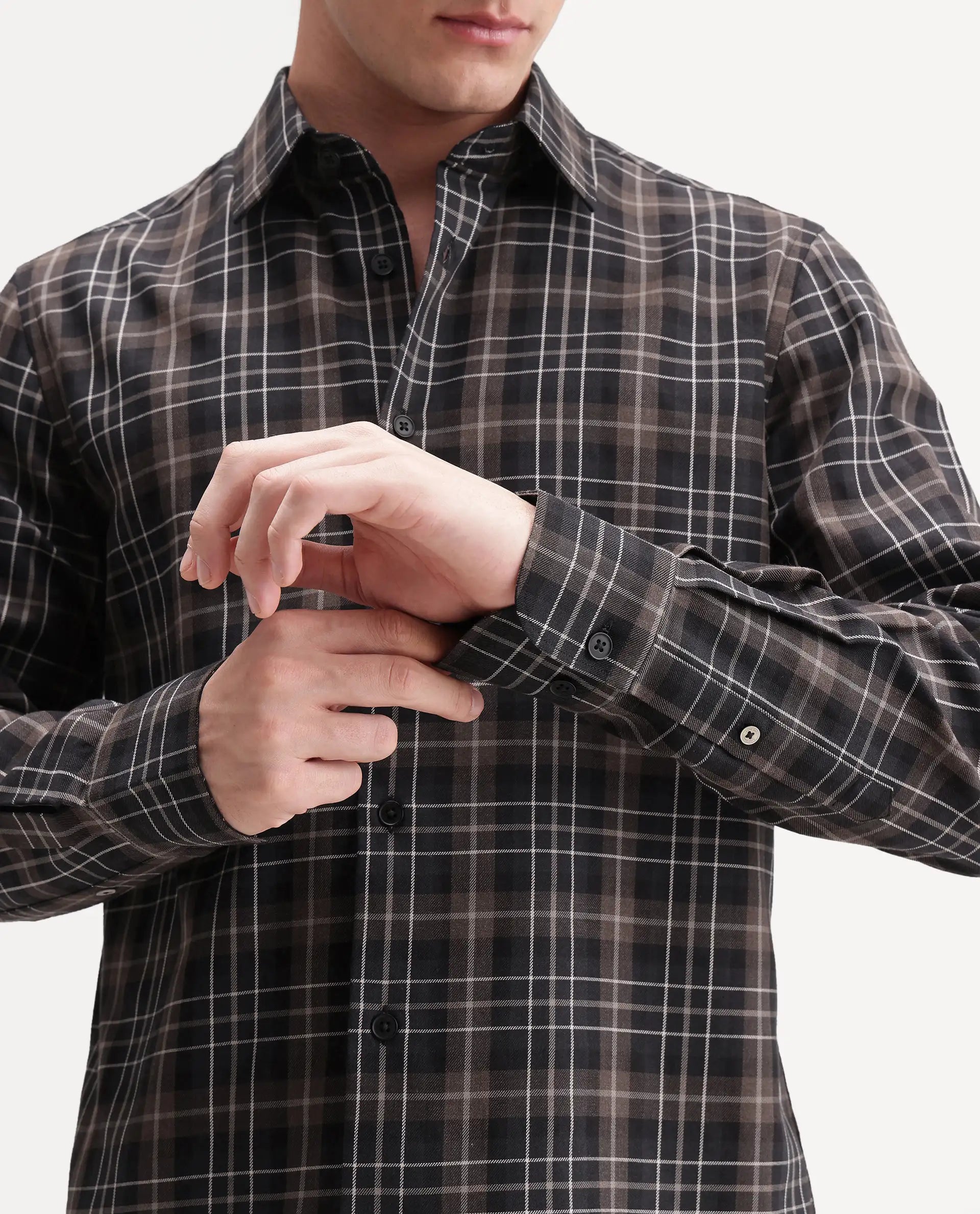 Rare Rabbit Men's Darob Black Cotton Blend Button Regular Fit Checked Shirt