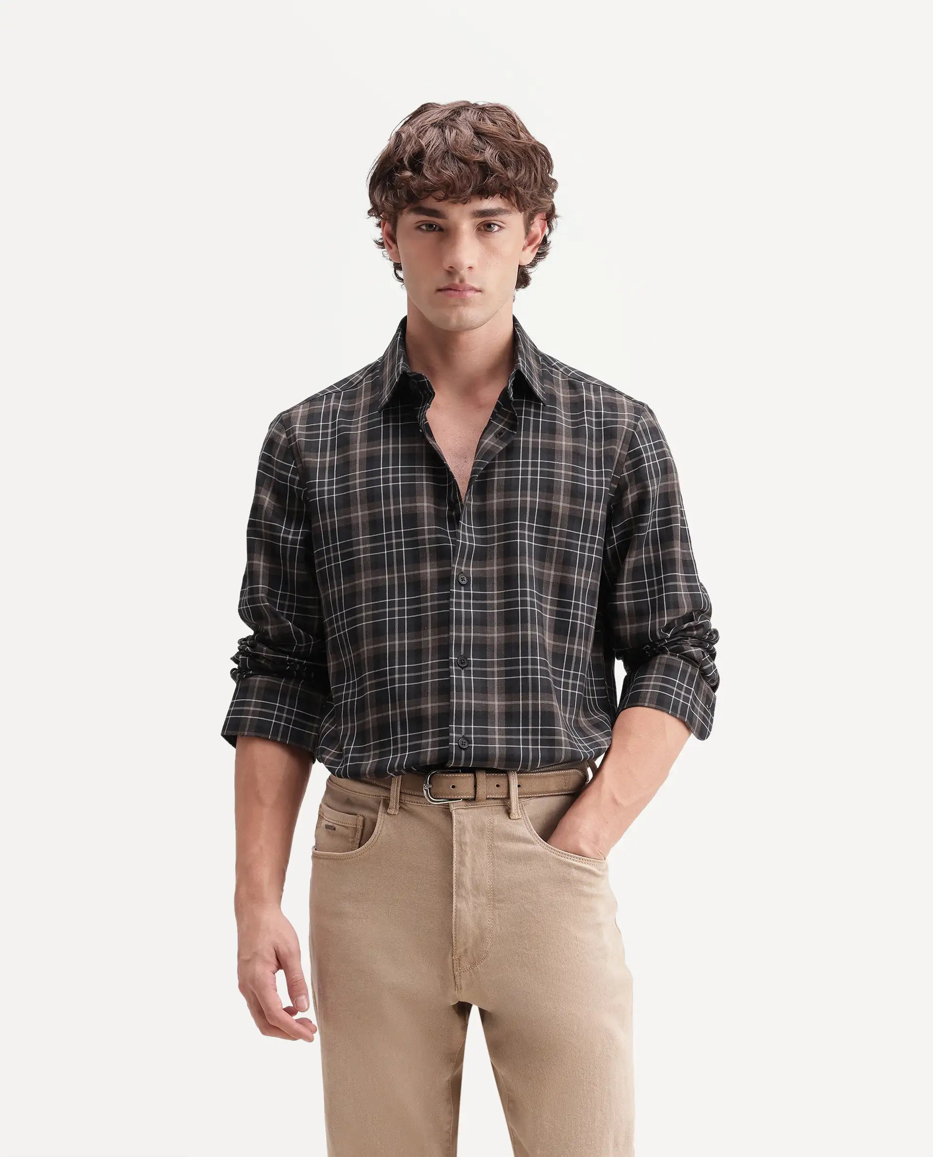 Rare Rabbit Men's Darob Black Cotton Blend Button Regular Fit Checked Shirt