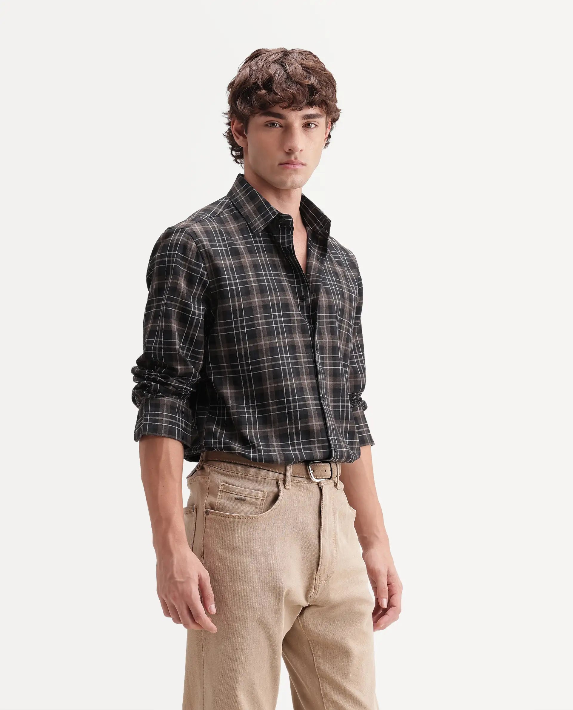 Rare Rabbit Men's Darob Black Cotton Blend Button Regular Fit Checked Shirt