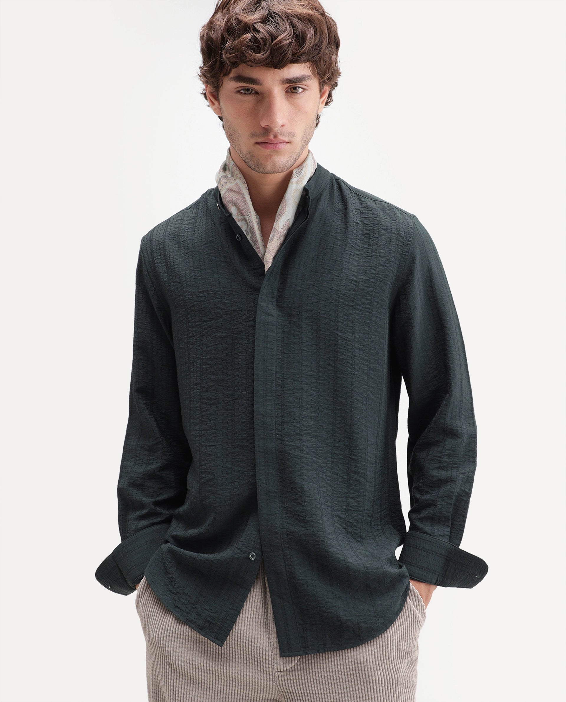 Rare Rabbit Men's Tate Dark Green Viscose Blend Button Regular Fit Shirt