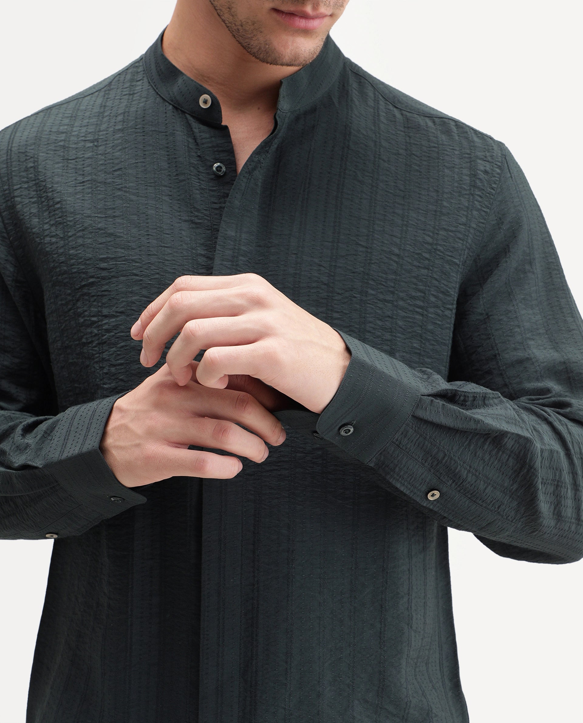 Rare Rabbit Men's Tate Dark Green Viscose Blend Button Regular Fit Shirt