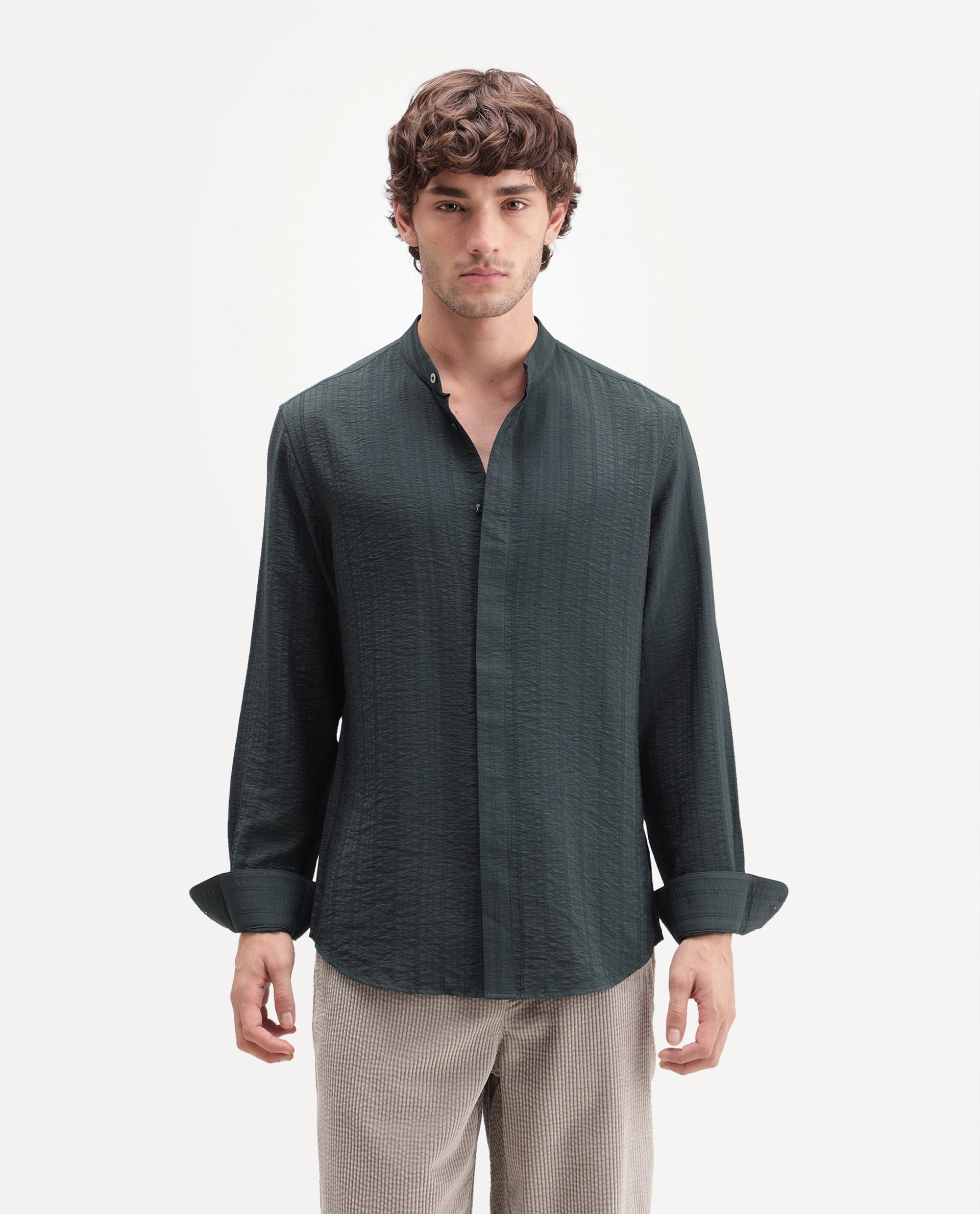 Rare Rabbit Men's Tate Dark Green Viscose Blend Button Regular Fit Shirt