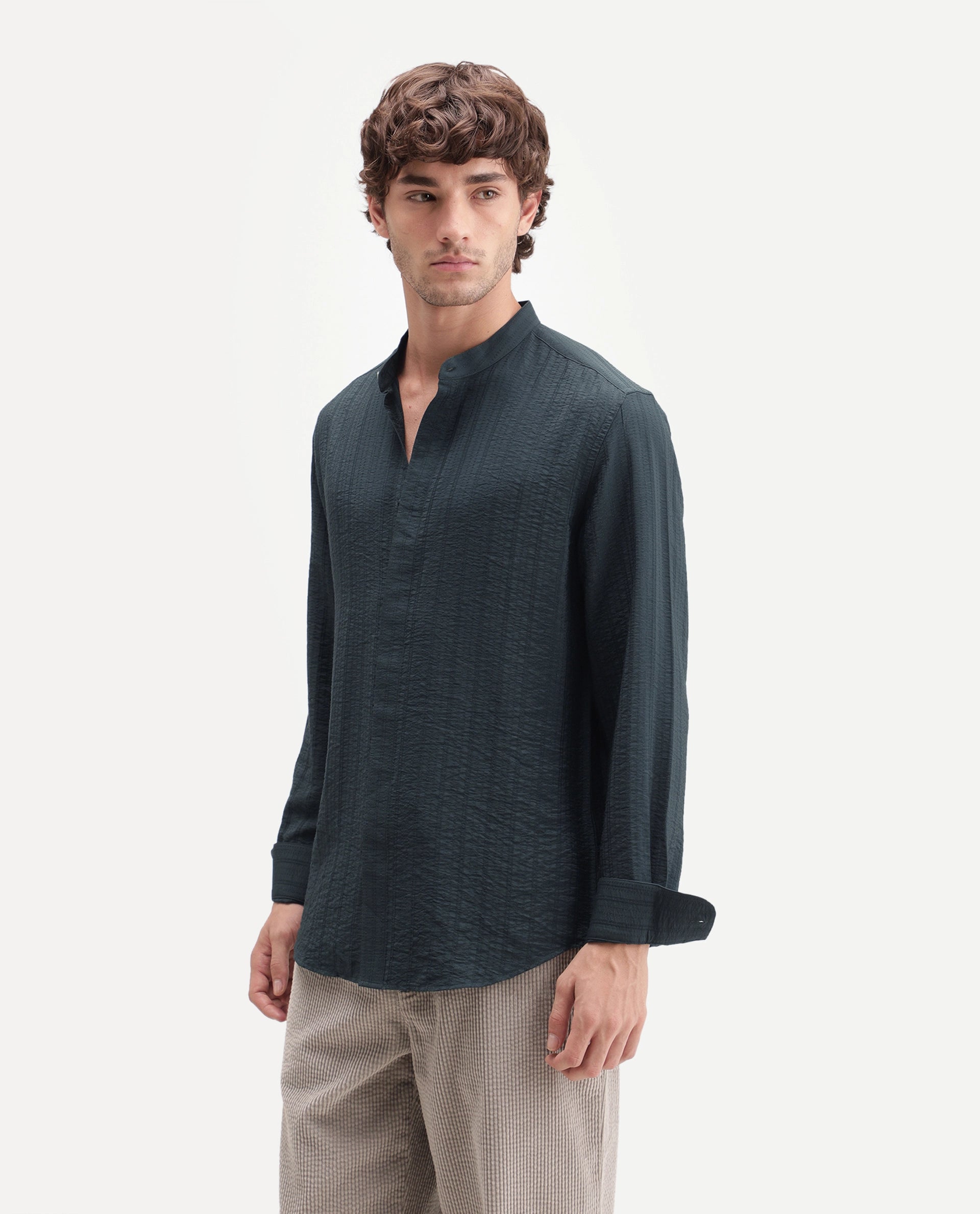 Rare Rabbit Men's Tate Dark Green Viscose Blend Button Regular Fit Shirt