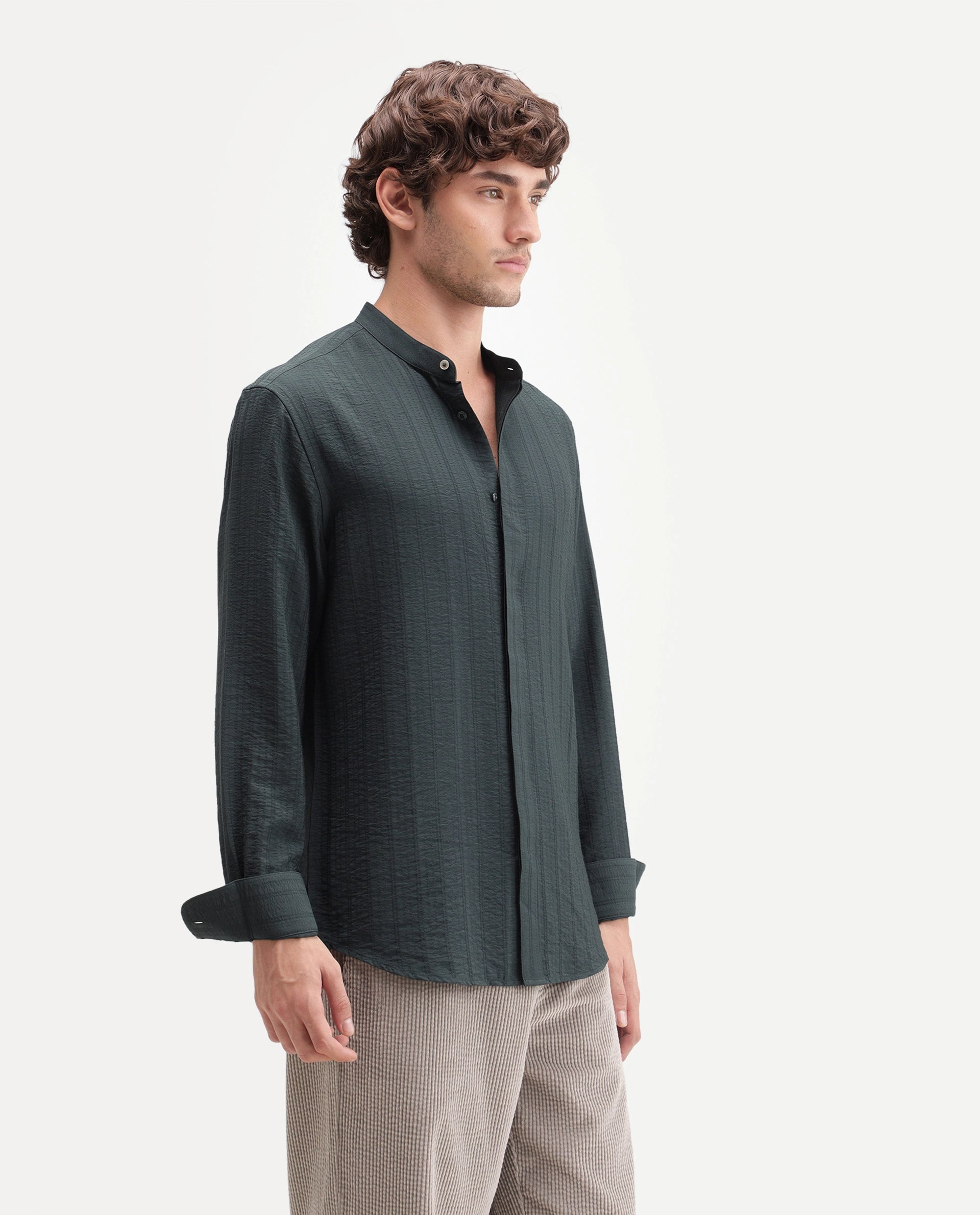 Rare Rabbit Men's Tate Dark Green Viscose Blend Button Regular Fit Shirt