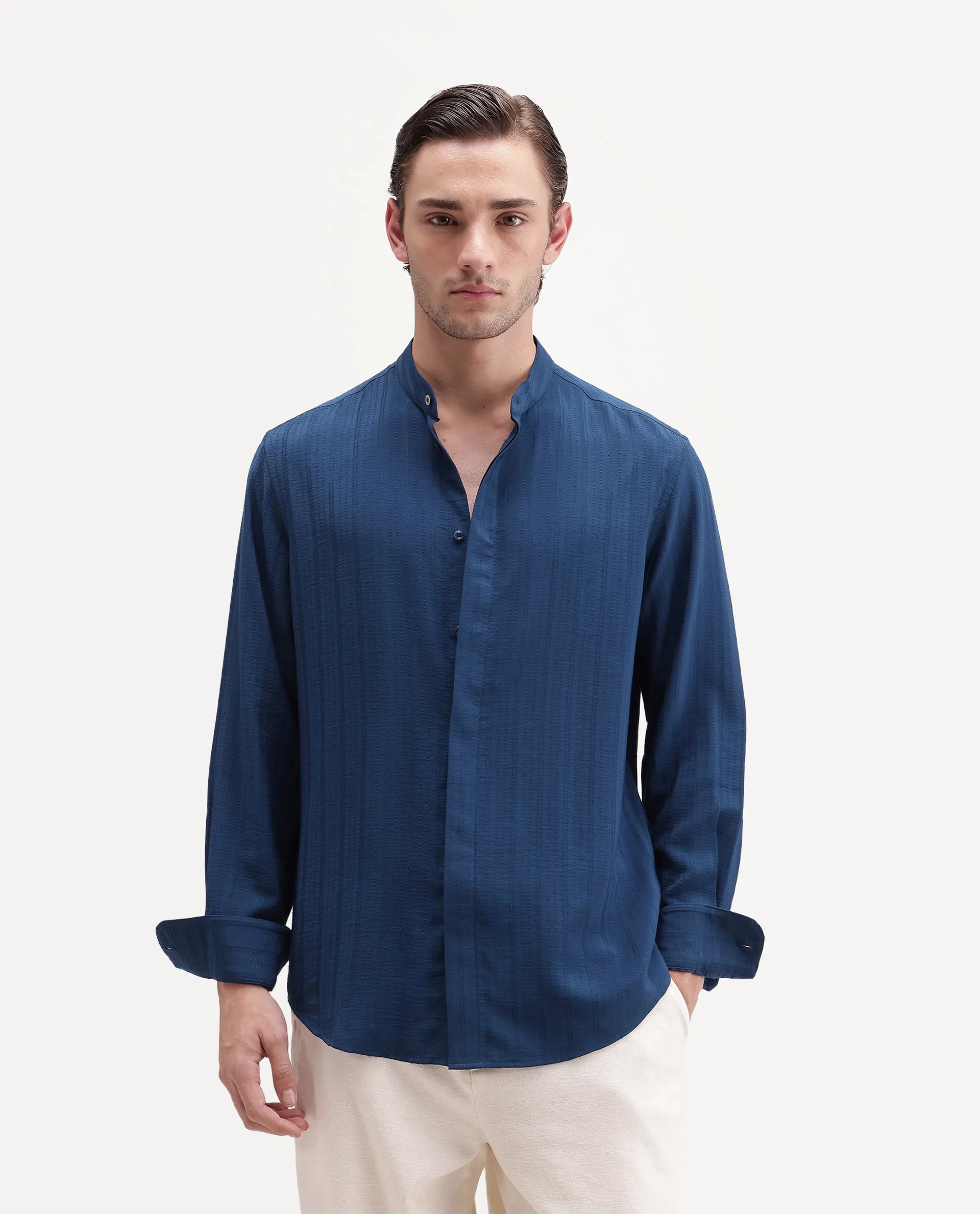 Rare Rabbit Men's Tate Blue Viscose Blend Button Regular Fit Textured Shirt