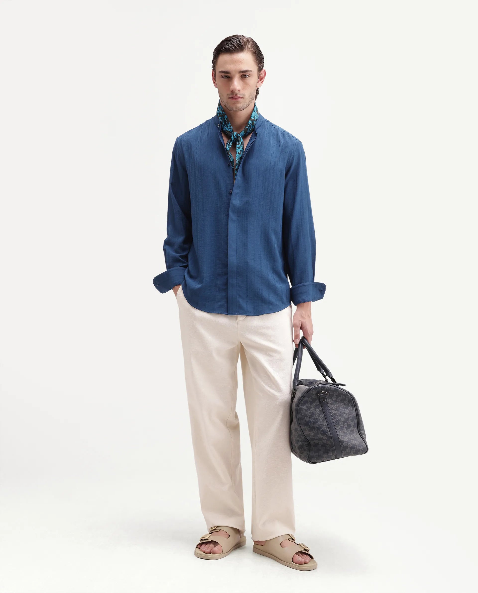 Rare Rabbit Men's Tate Blue Viscose Blend Button Regular Fit Textured Shirt