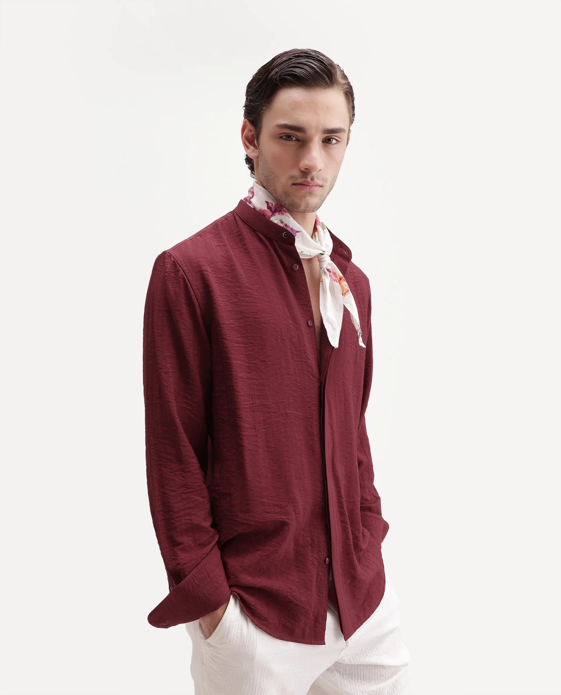 Rare Rabbit Men's Tate Red Viscose Blend Button Regular Fit Textured Shirt