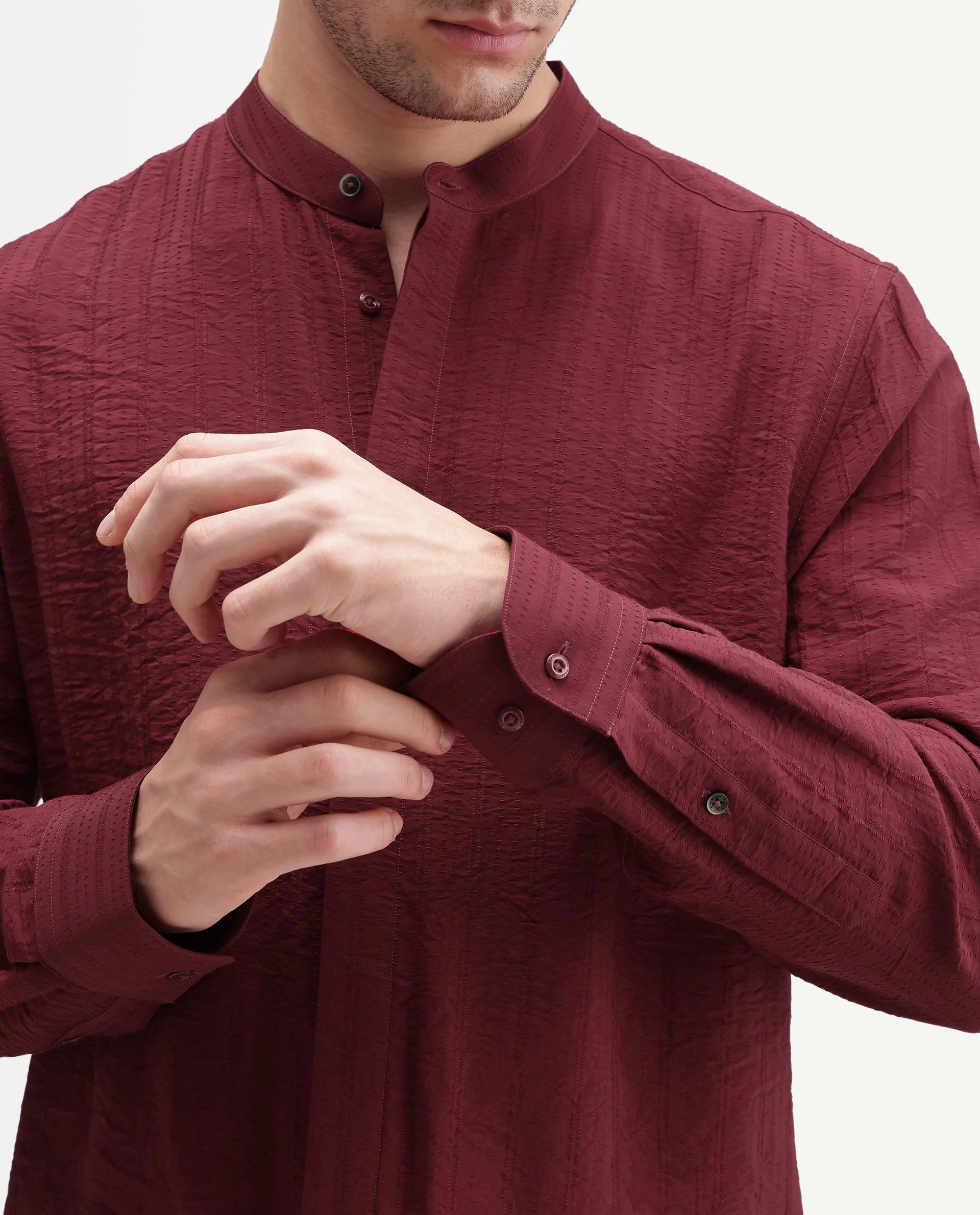 Rare Rabbit Men's Tate Red Viscose Blend Button Regular Fit Textured Shirt