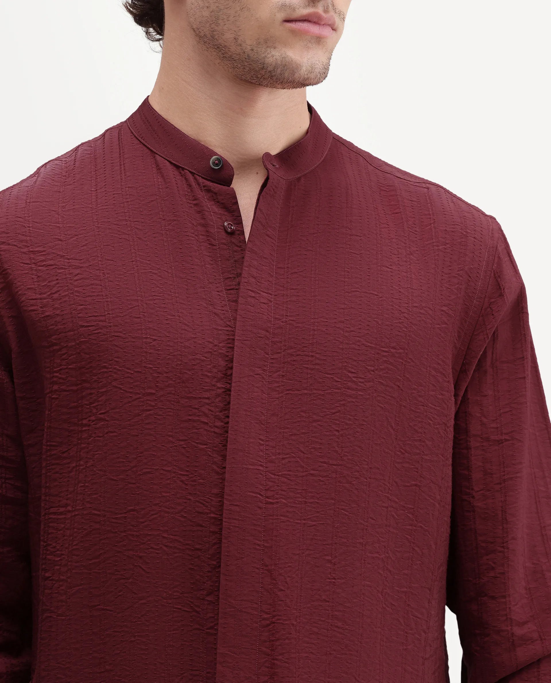 Rare Rabbit Men's Tate Red Viscose Blend Button Regular Fit Textured Shirt