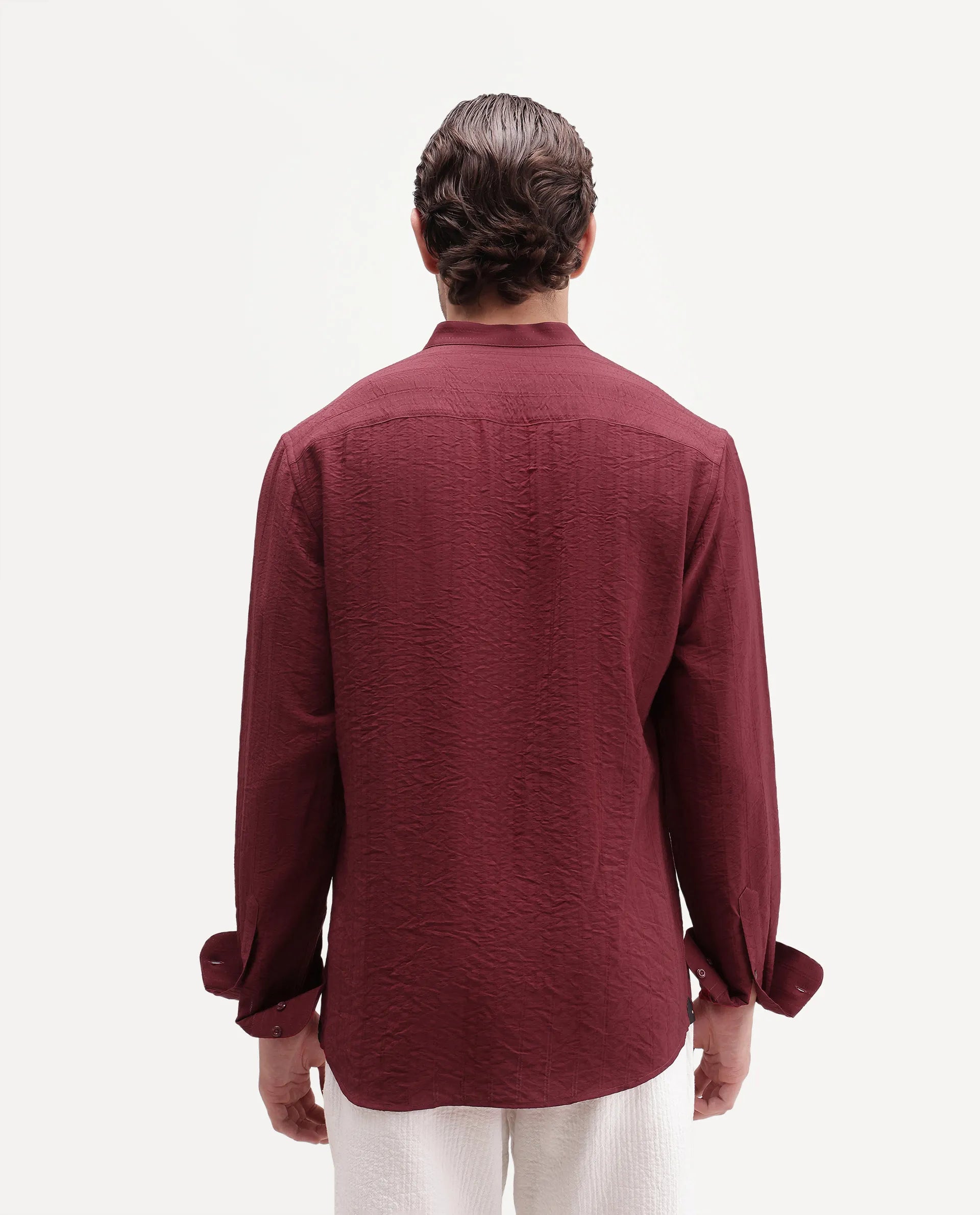 Rare Rabbit Men's Tate Red Viscose Blend Button Regular Fit Textured Shirt
