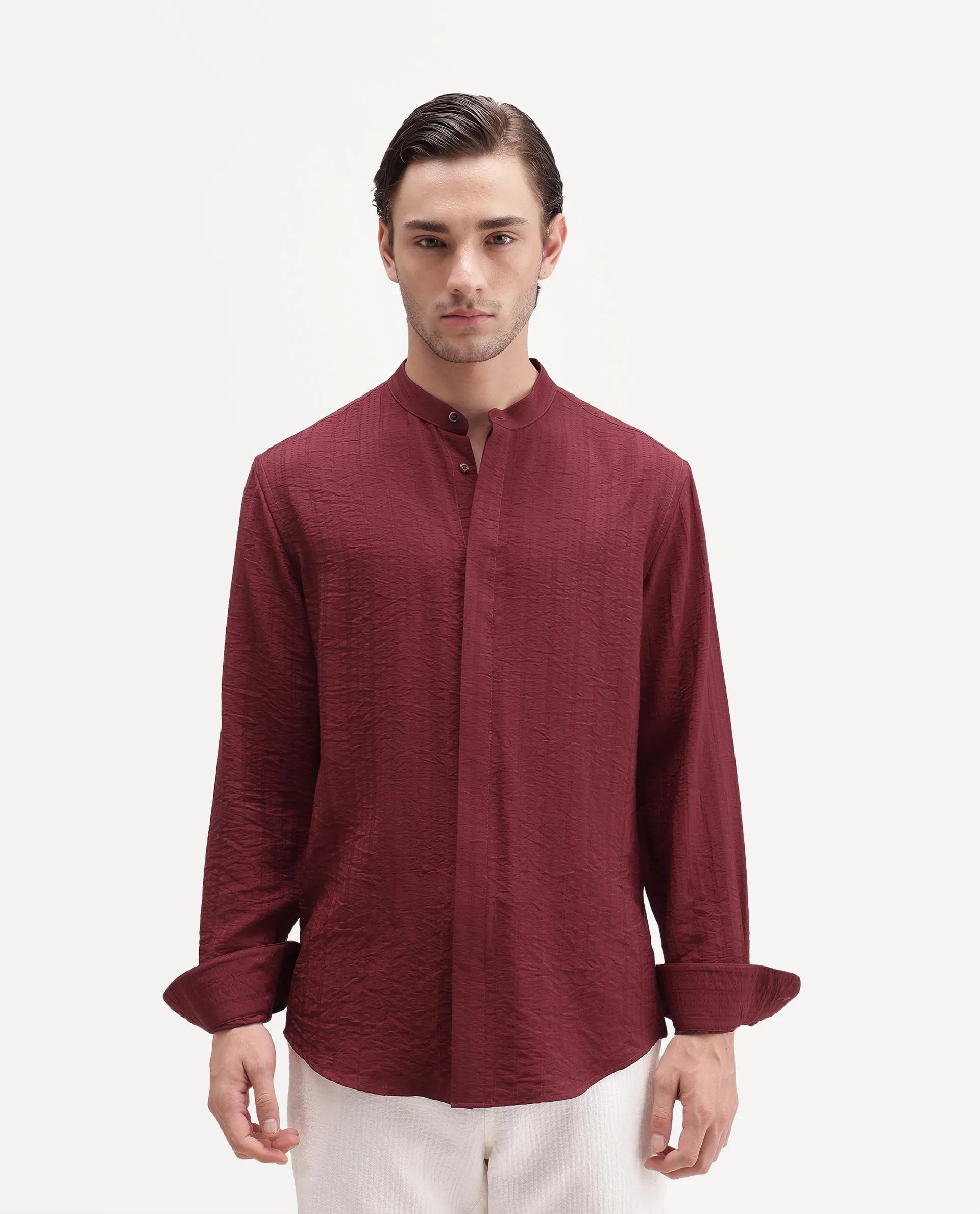 Rare Rabbit Men's Tate Red Viscose Blend Button Regular Fit Textured Shirt