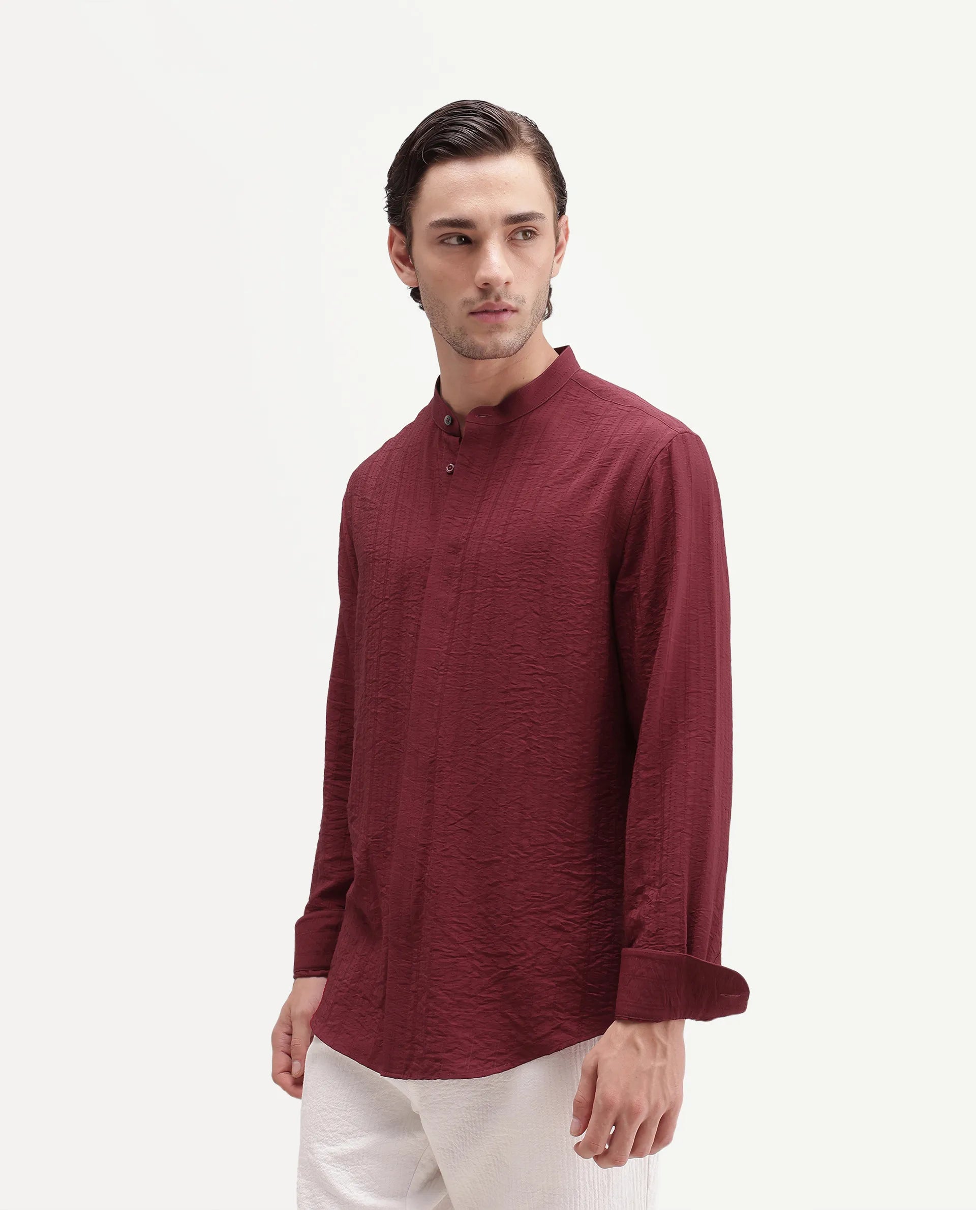 Rare Rabbit Men's Tate Red Viscose Blend Button Regular Fit Textured Shirt