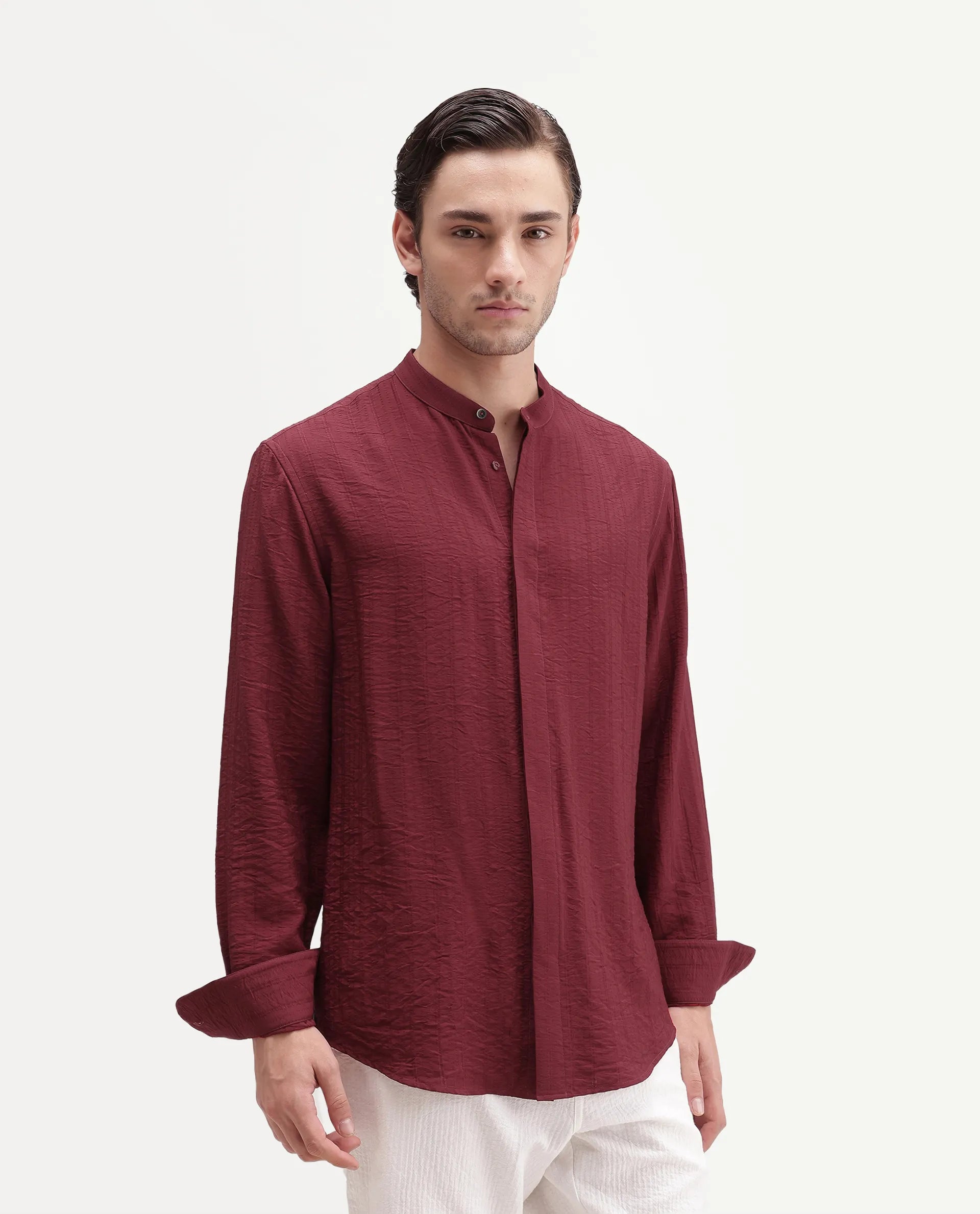 Rare Rabbit Men's Tate Red Viscose Blend Button Regular Fit Textured Shirt