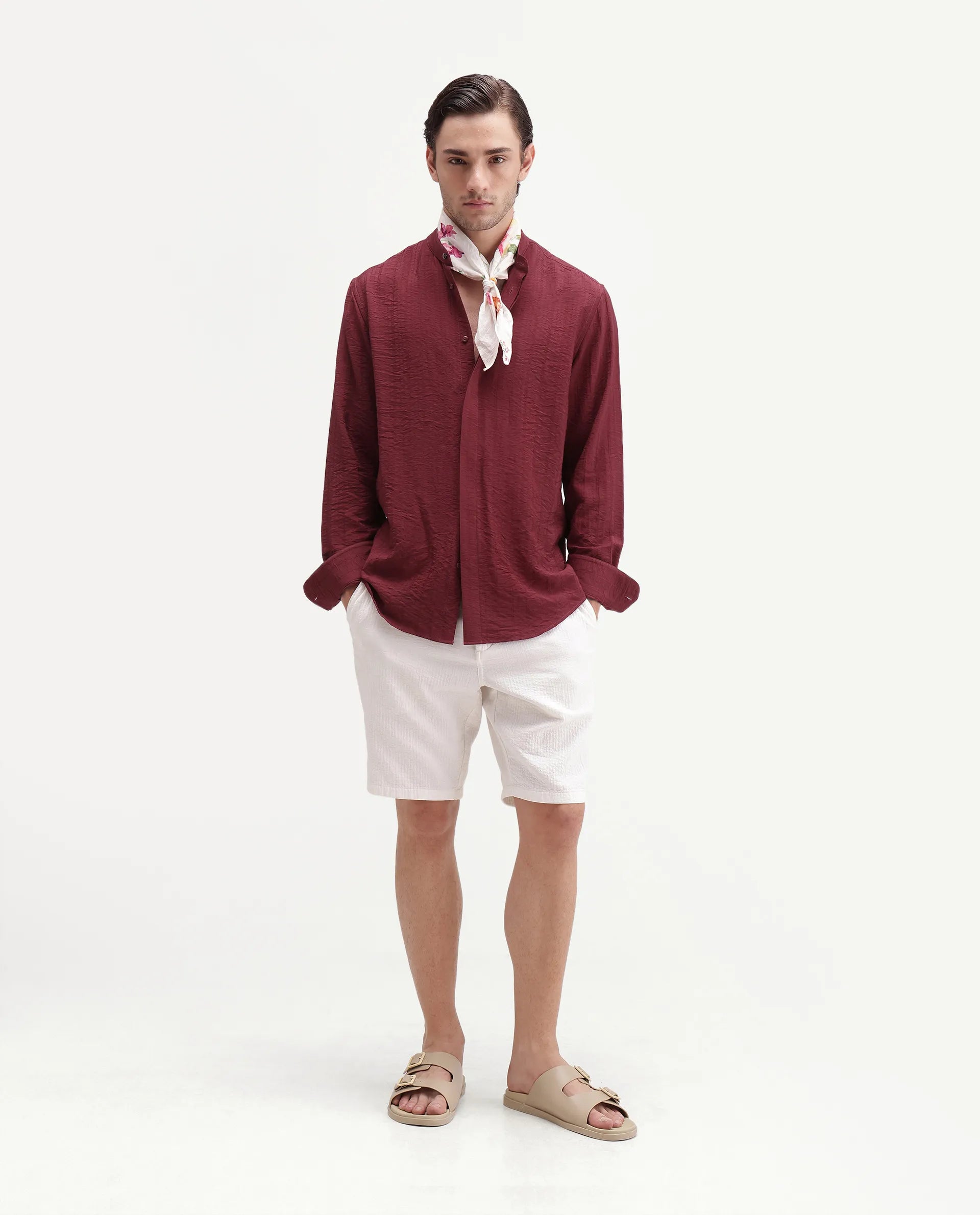 Rare Rabbit Men's Tate Red Viscose Blend Button Regular Fit Textured Shirt