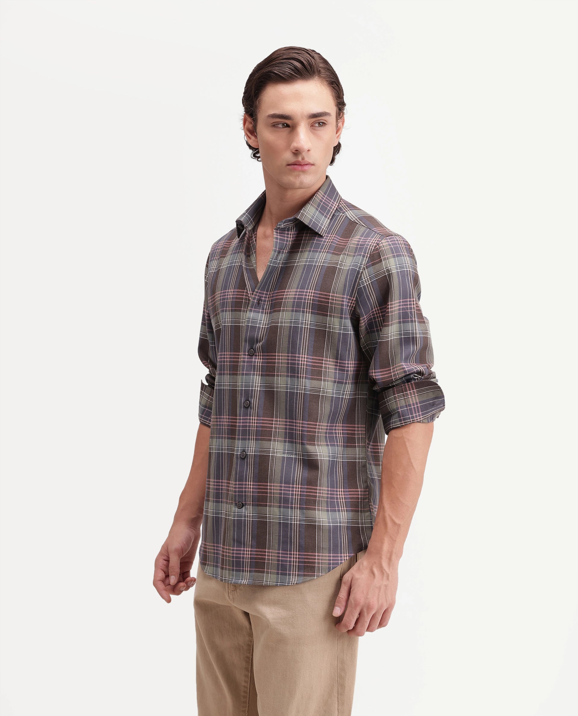 Rare Rabbit Men's Brend Multi Cotton Blend Button Regular Fit Checked Shirt