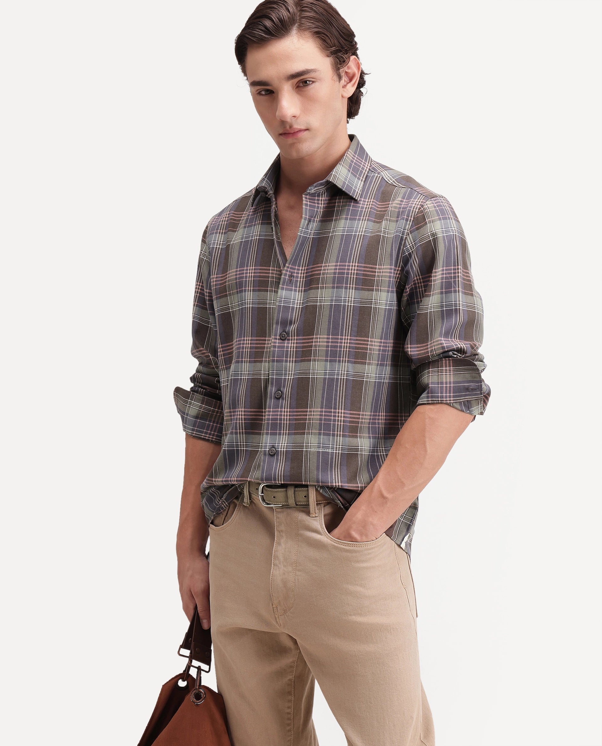 Rare Rabbit Men's Brend Multi Cotton Blend Button Regular Fit Checked Shirt
