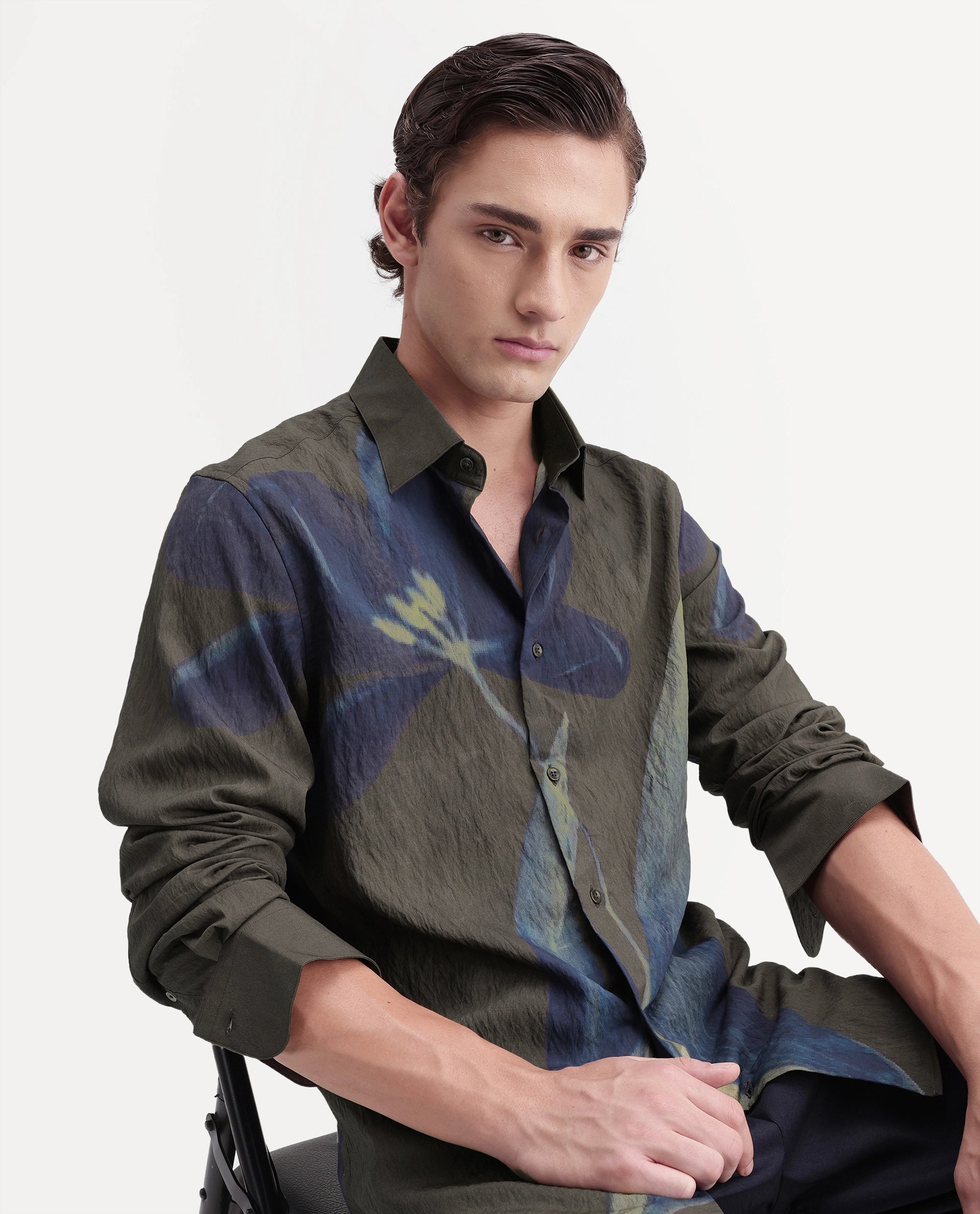 Rare Rabbit Men's Rembo Dark Brown Viscose Blend Button Regular Fit Floral Print Shirt
