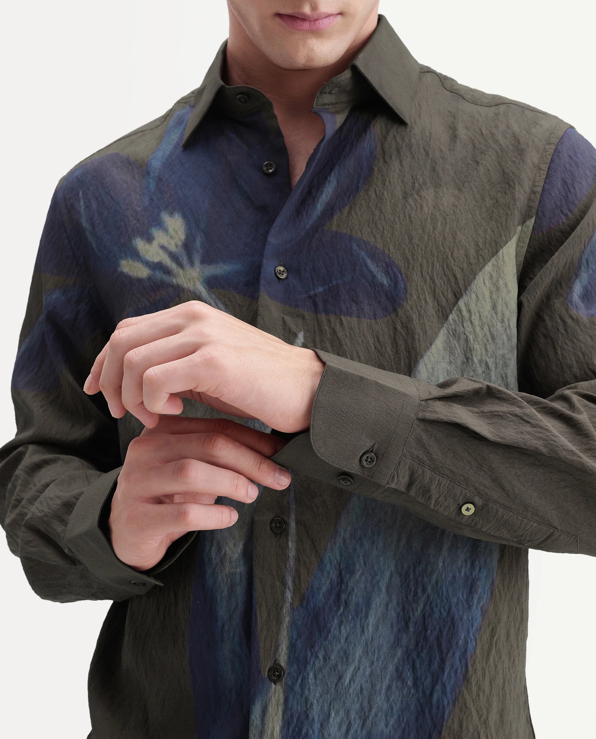 Rare Rabbit Men's Rembo Dark Brown Viscose Blend Button Regular Fit Floral Print Shirt