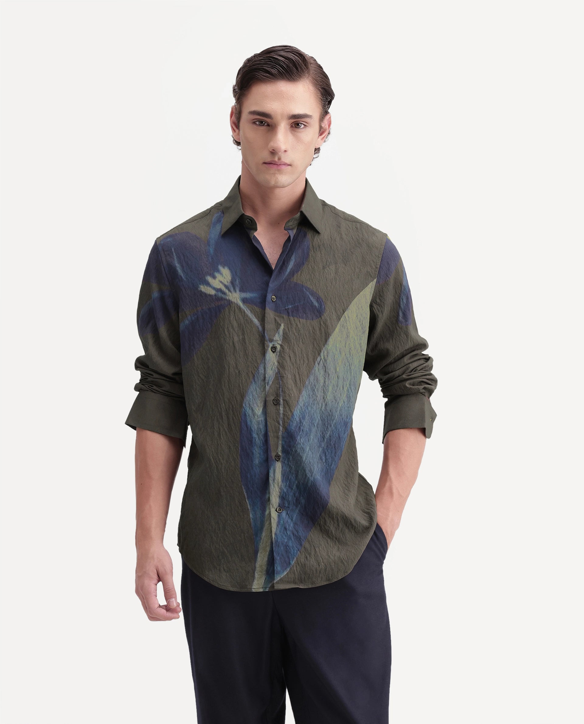 Rare Rabbit Men's Rembo Dark Brown Viscose Blend Button Regular Fit Floral Print Shirt