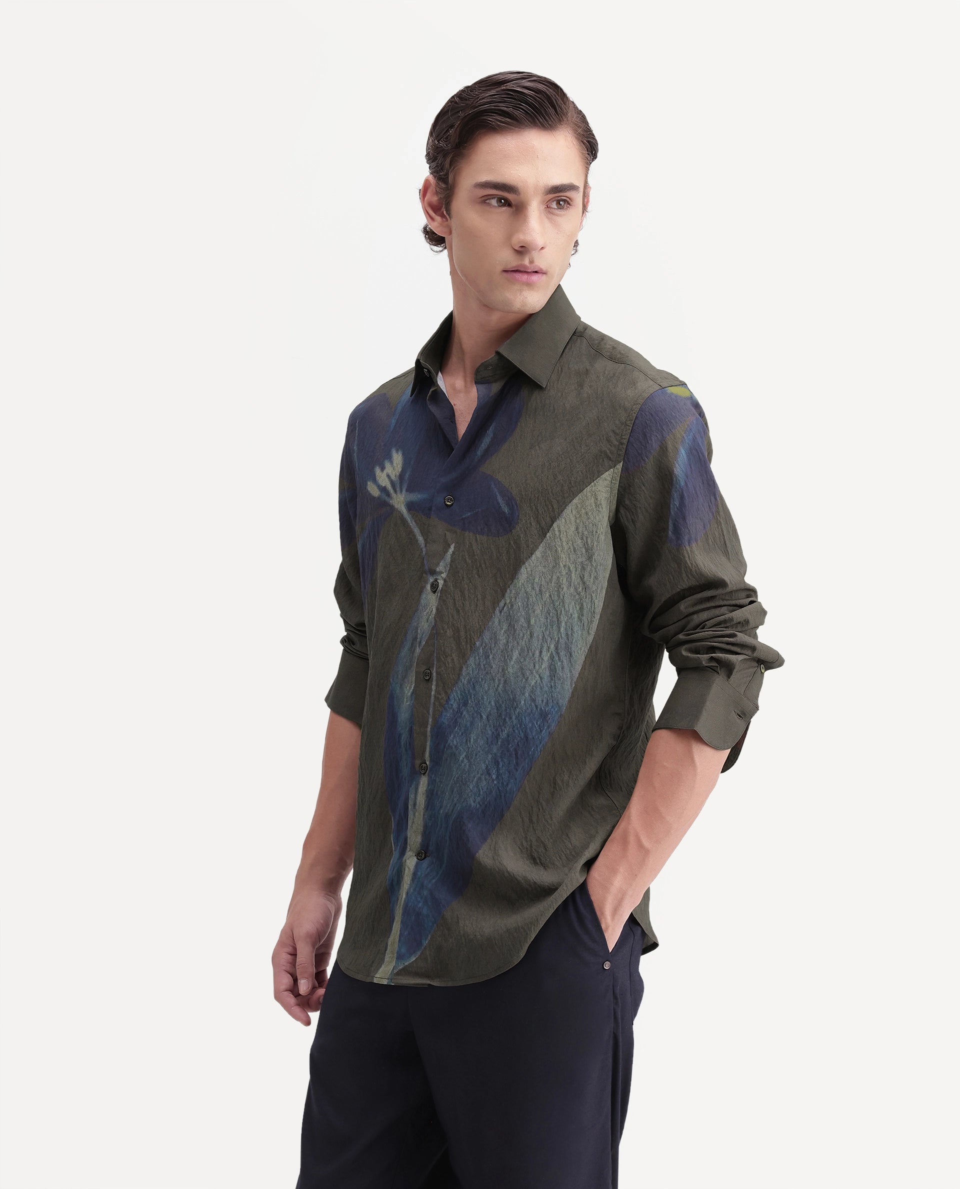 Rare Rabbit Men's Rembo Dark Brown Viscose Blend Button Regular Fit Floral Print Shirt