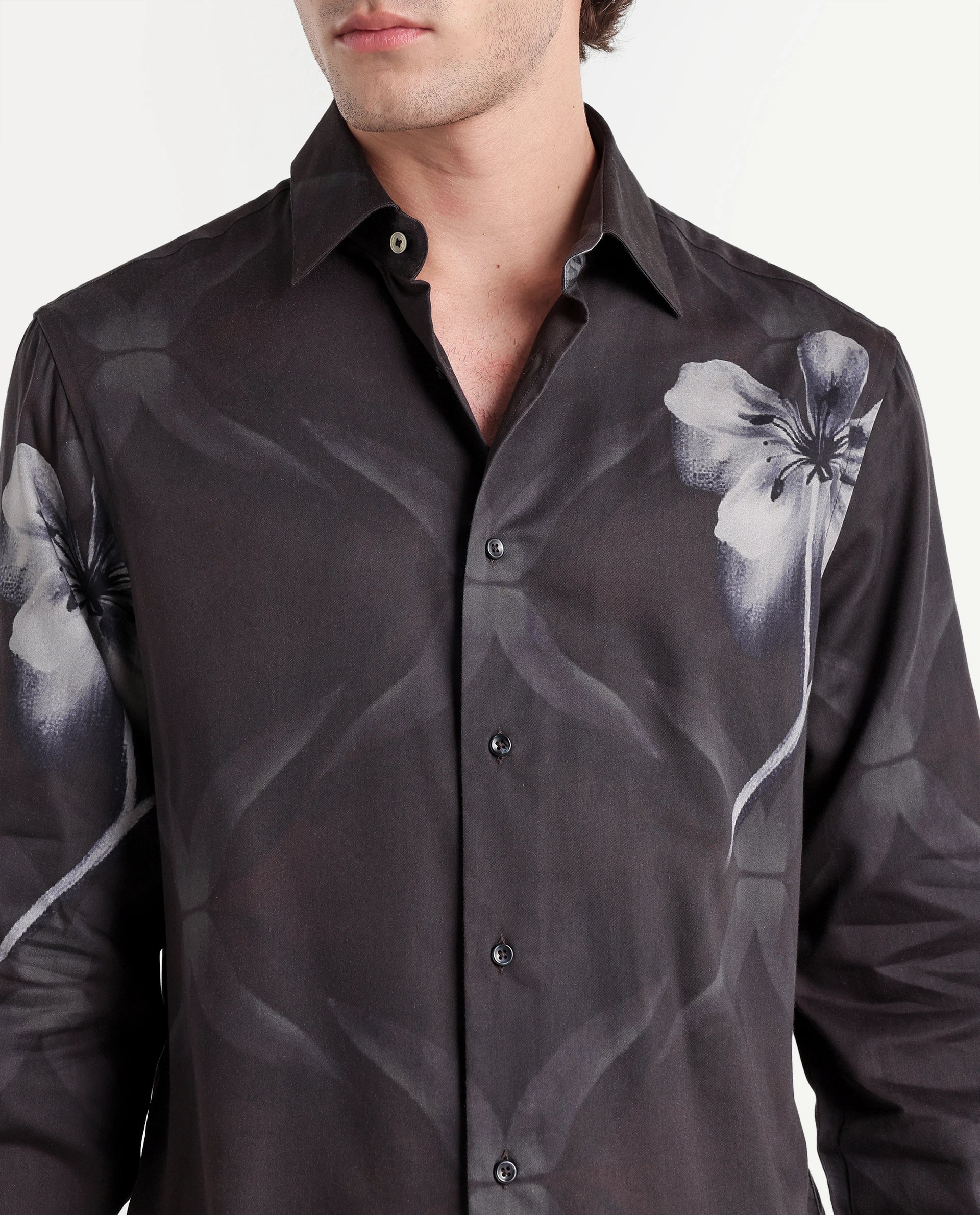 Rare Rabbit Men's Blet Dark Brown Cotton Blend Button Regular Fit Floral Print Shirt
