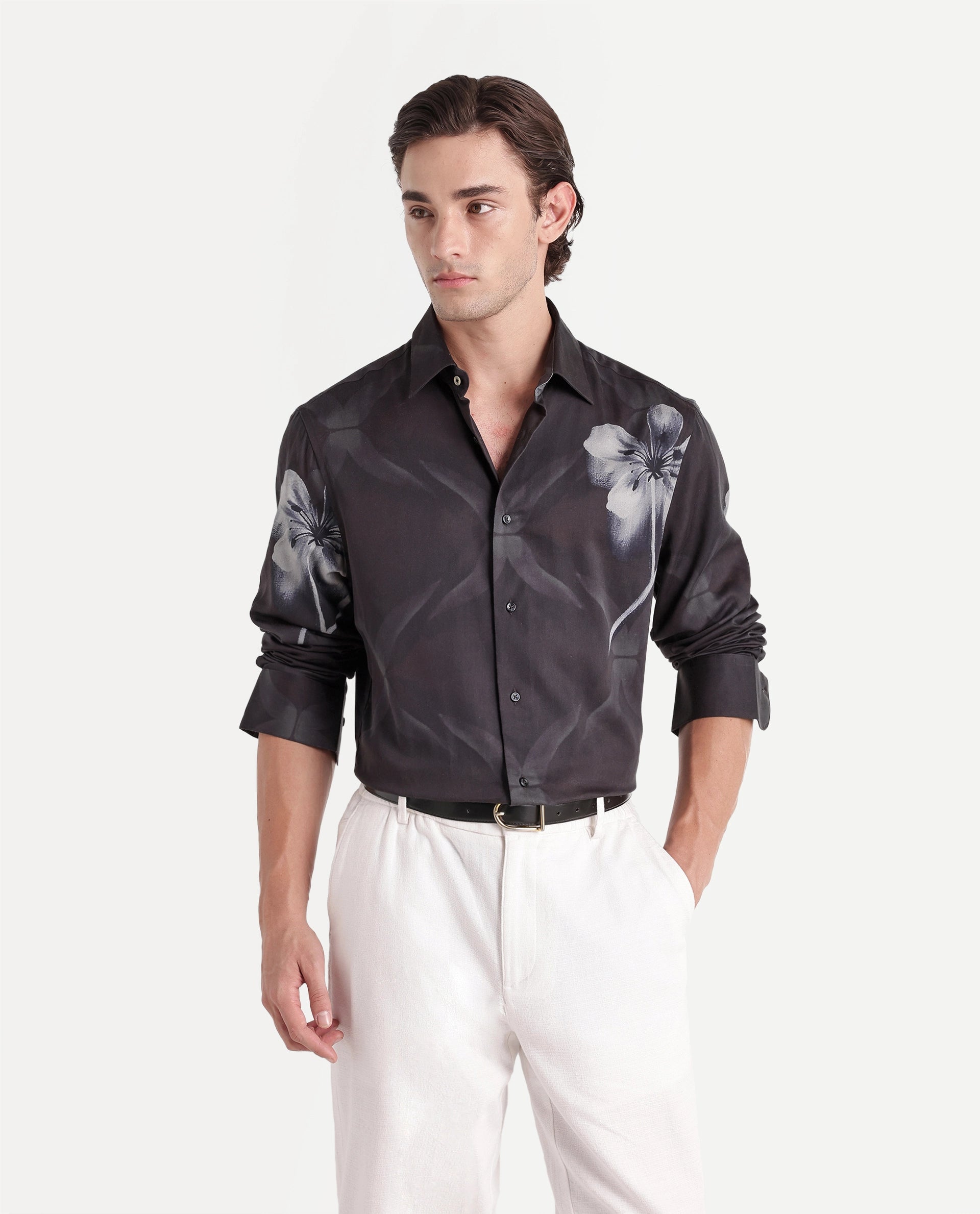 Rare Rabbit Men's Blet Dark Brown Cotton Blend Button Regular Fit Floral Print Shirt